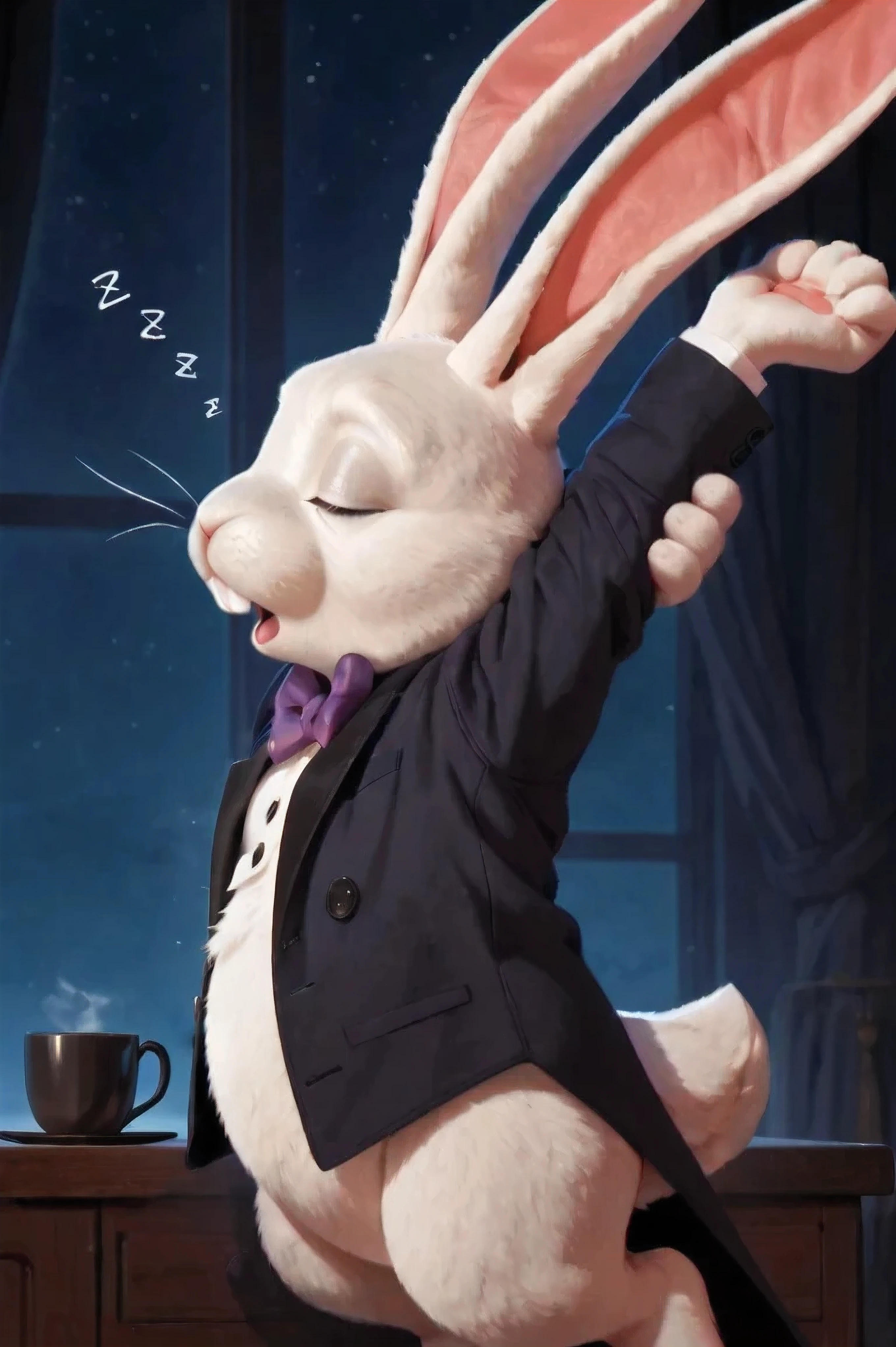 [draft-0], [model-test], [SFW], 2D,toony style, anime realistic, masterpiece, 8k, high res, DRMr, (drabbit:1.5), rabbit,tail,paw, white fur, wearing suit jacket with bowtie, side view, stretching sleepy, sleep enviroment, nightime, cute_concept, animal focus,feral concept, a cup of coffee, 