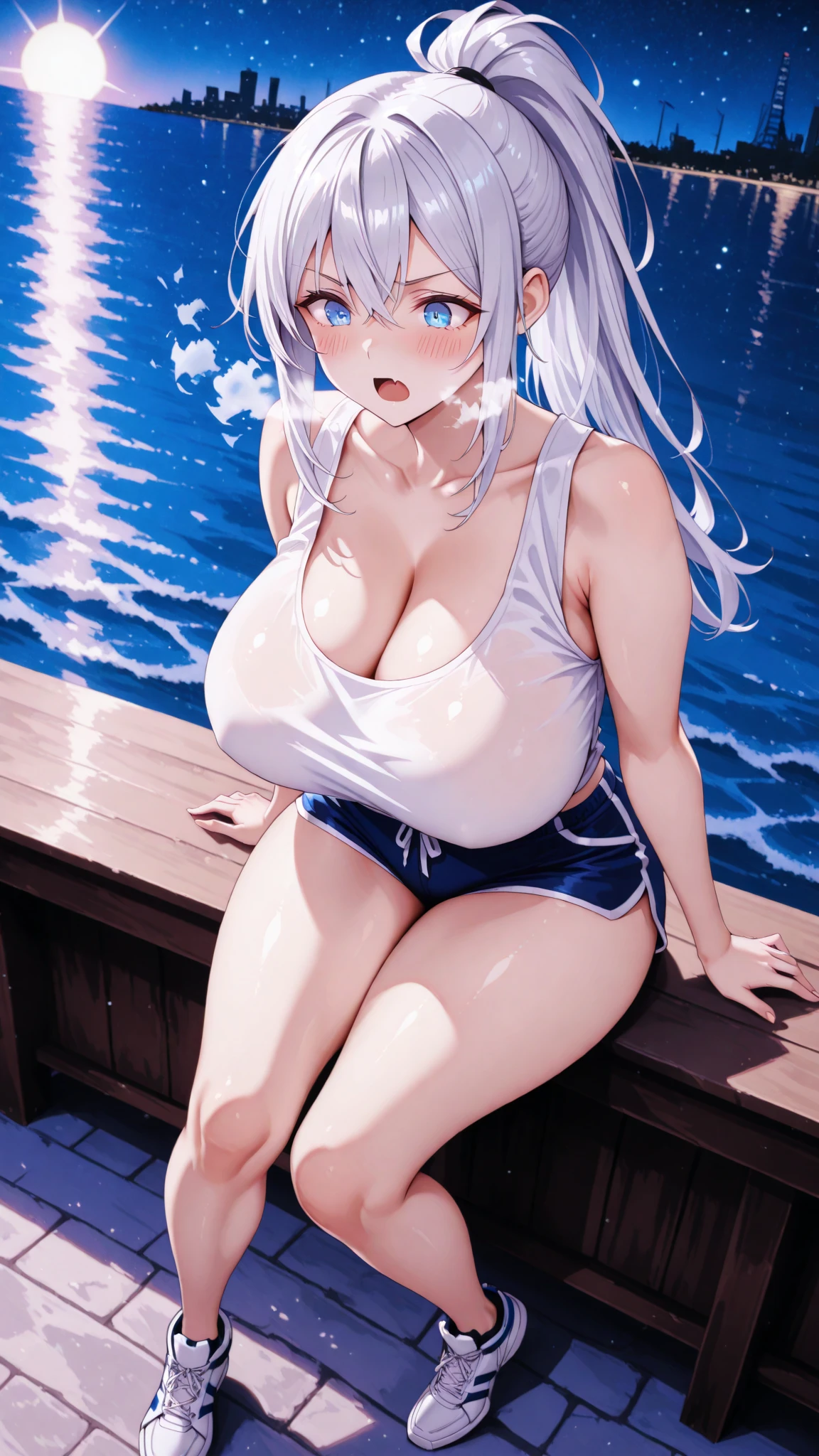 ((Top Quality)), ((Masterpiece)), ((Details)), perfect face, perfect body, sitting by the pool, listening to music, wearing headphones, wearing swimsuit, transparent swimsuit, wearing clothes exposing tight hips and breasts Woman with face visible, sitting with legs apart, big breast, big hip