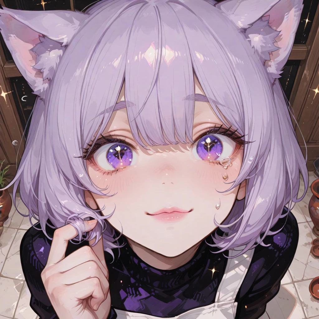 masunya, masyunya (vkontakte), masyunya /(vkontakte/), cat ears, purple skin color, hair bow, (purple hair color:1.1), black dress, cat tail, Sitting on the bed, alone, upper body, CuteStyle