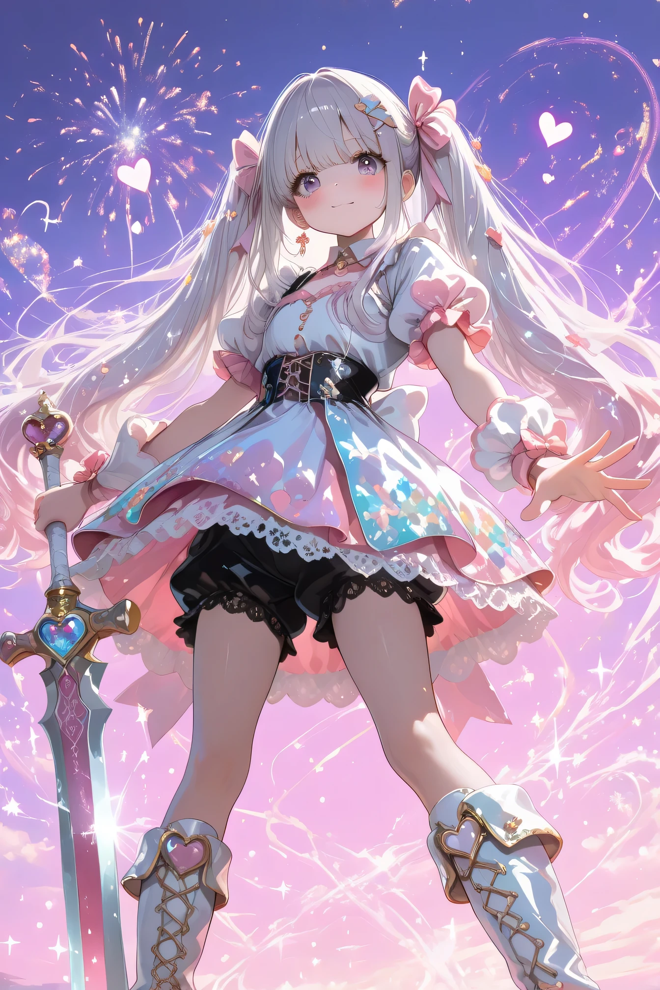 ((Magical Girl's Sword Stance Pose)):2.0, ((Light Purple Gradient Hair)):1.8, ((elegant long hair)):1.6, ((cute face)):1.5, ((short stature, down age, kawaii)):1.6, 【Poses and Positions】 ((Fantasy Sword)):1.1, ((Fighting Preparation Pose)):1.9, ((dreamy atmosphere {x } Rainbow-colored magic circle released from a sword)):1.5,
((beautiful shining eyes)):1.7, 【Magical Girl Outfit】 ((iridescent magic dress)):1.8,
((Fluffy Mini Skirt)):1.7, ((pretty black shorts)):1.5, ((puff sleeve)):1.6, ((Chest Ornament)):1.5,
((lace trim)):1.4, ((ribbon decoration)):1.4, ((Above Knee Boots with Sparkling Embellishments)):2.0, // addition
((Pearl White Long Boots)):1.9, // addition 【Magical weapons】
((Guard adorned with magical jewels)):2.0,
((A blade is like a firework stick)):1.6, ((Heart and Ribbon Ornaments)):1.8, ((Sparkling Magical Light)):1.6, 【magic effects】 ((pink and white sparkle)):1.6, ((Swirling Magical Light)):1.7, ((Floating Heart Trails)):1.6, ((Magical Vortex Centered on Swords)):1.7, 【Background and Atmosphere】 ((Magical Girl Stage)):1.8, ((pink gradation sky)):1.7, ((Floating magic Dream)):1.6,
((Magical Team Decorating Battle Scenes)):1.7,
((Dusk Light)):1.5, 【Light effects】 ((Magical Girl Aura)):1.8, ((Rainbow Shining from Swords)):1.7,
(Glittering Glitter Effects)
