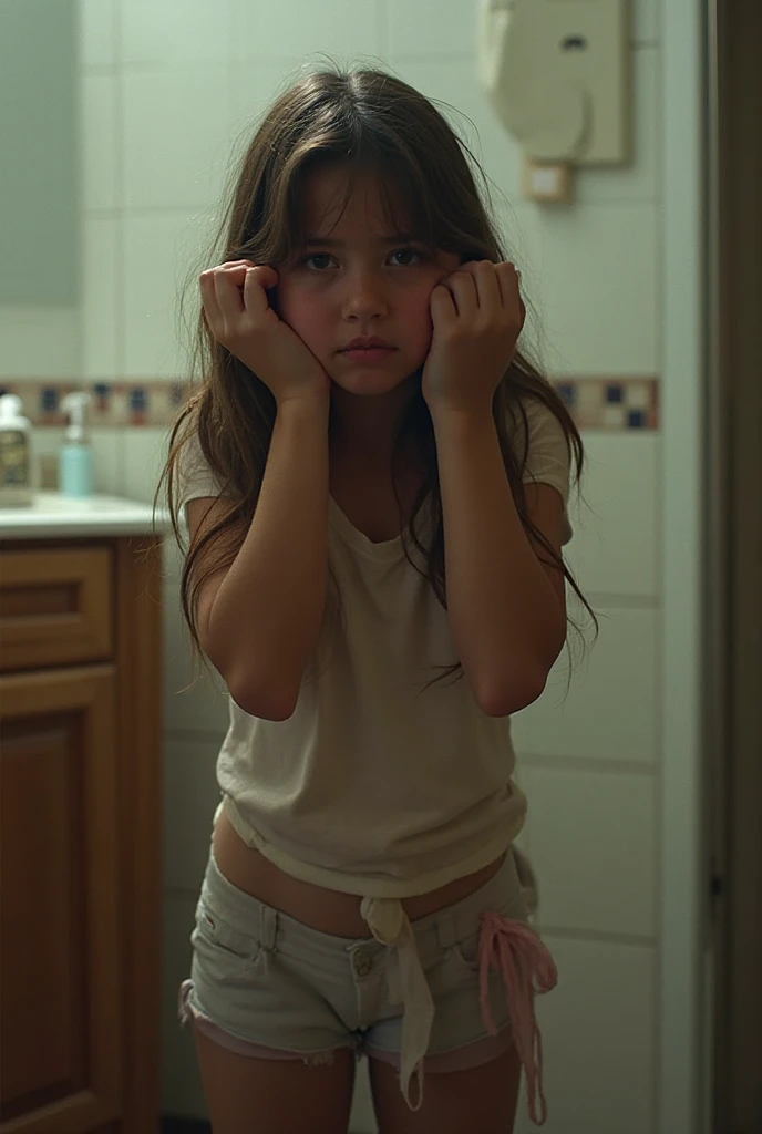 jeune fille nue 12 ans fait pipi sur les toilettes sexe visible, (on voit l’urine qui coule), elle a honte qu’on la regarde. baby face