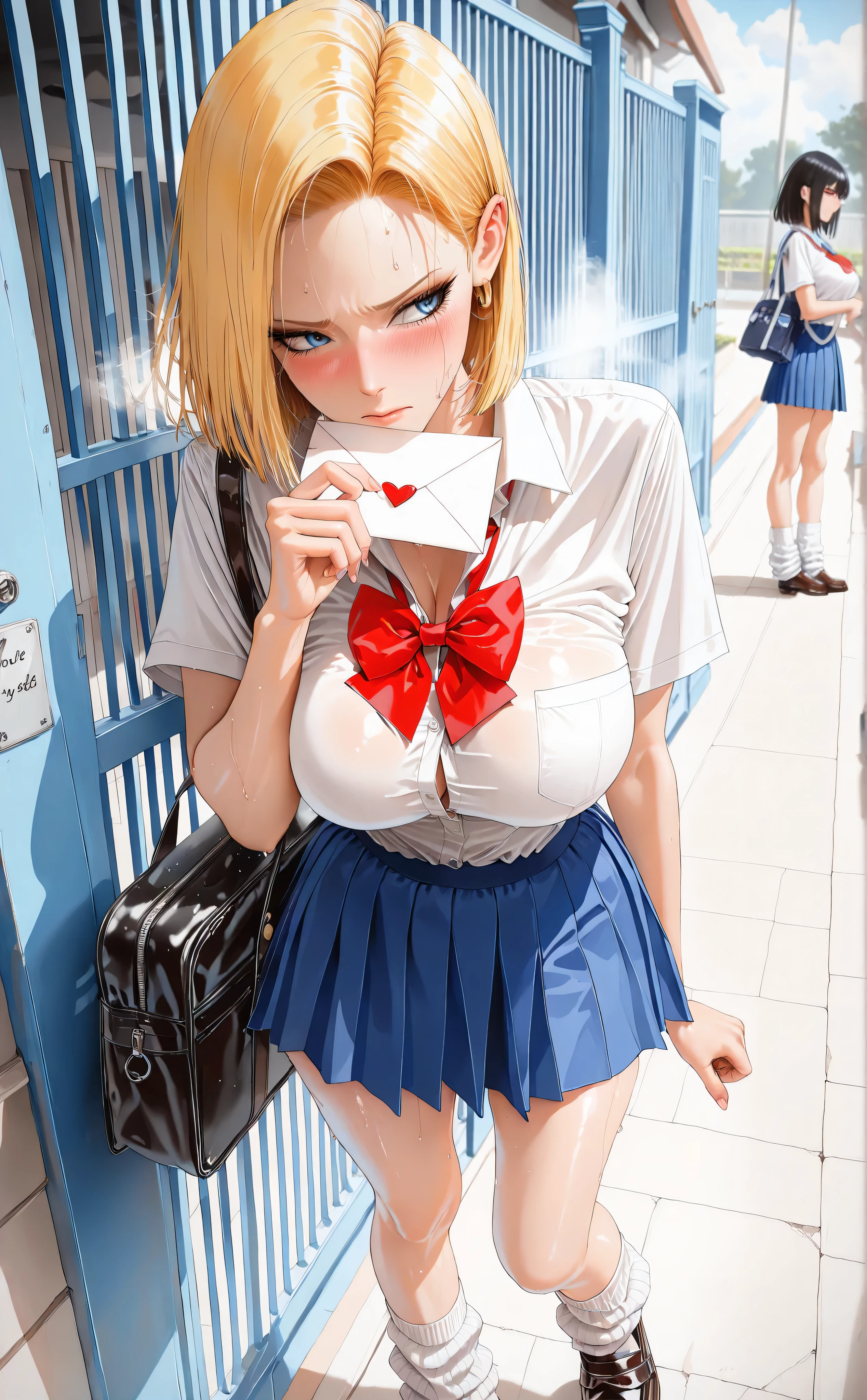 (masterpiece, detailed:1.2),maorix,School gate、android 18、Android18、solos、beautiful woman、big boobs、sweat、Youth、Love Letter、High School Student Uniform、Summer clothes、Loose Socks、Leather shoes、Steam、embarrassed expression、looking away、high school girl bag、What is the theme of the illustration「Confession」