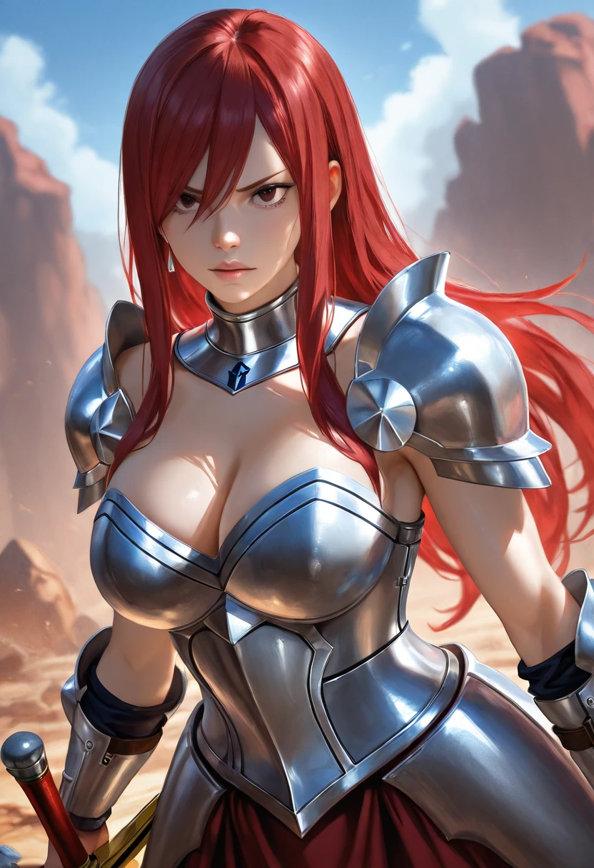 beautiful scarlet haired woman, red eyes, wearing armored strapless crimson dress with silver details, makeup, red eye shadow, detailed eyes, beautiful, long straight hair, bangs, jewelry, highly detailed, masterpiece, art by artgerm, by greg rutkowski, by ed blinkey, oil painting, vivid colors, outdoors, fantasy landscape, [starry sky : 10]