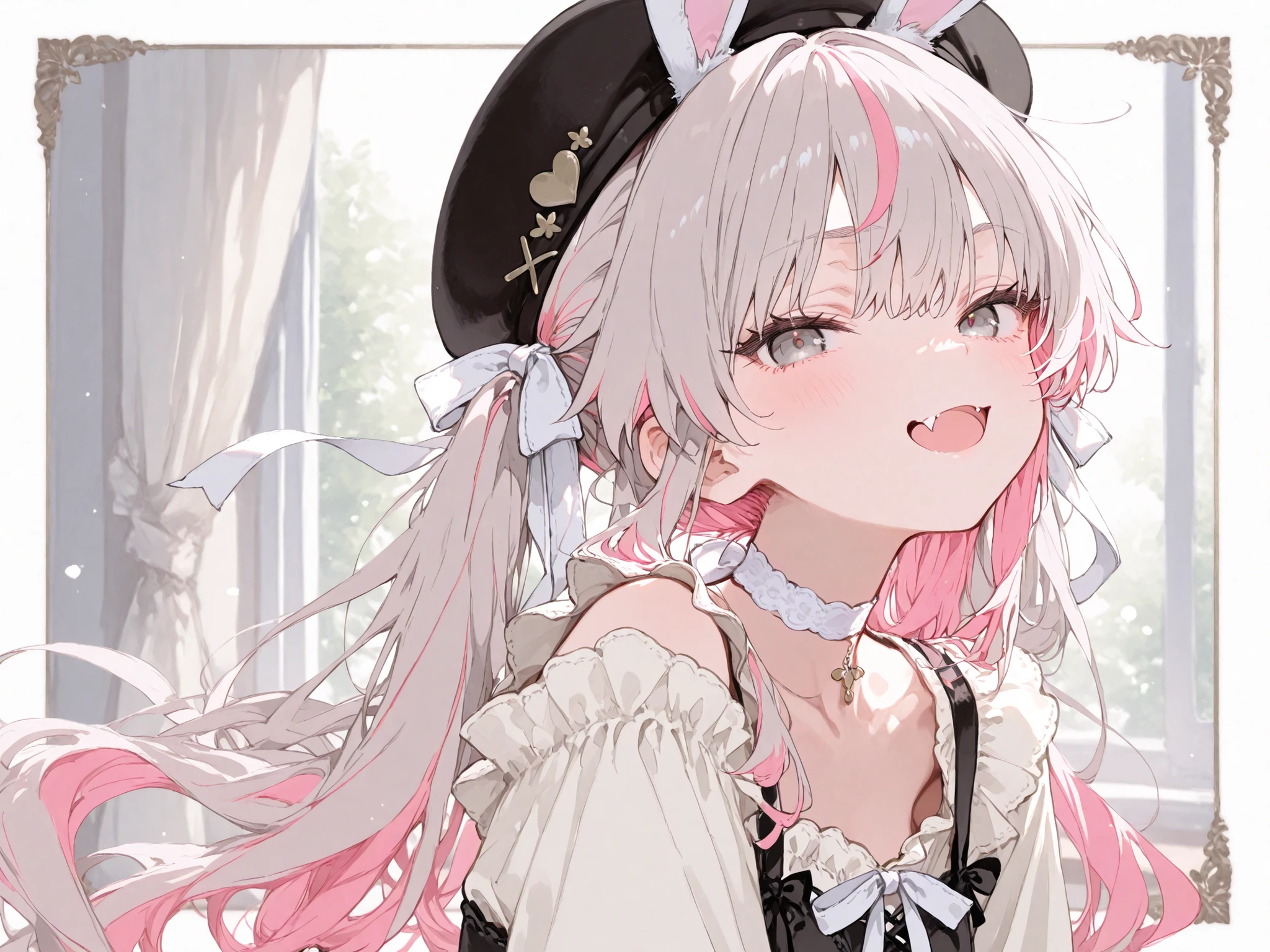 1Girl、girls、fang、pink inner color on gray hair、super long hair、gray eyes、White choker、dynamic composition、Bunny ears、white big ribbon、black beret、casual clothes、roomwear