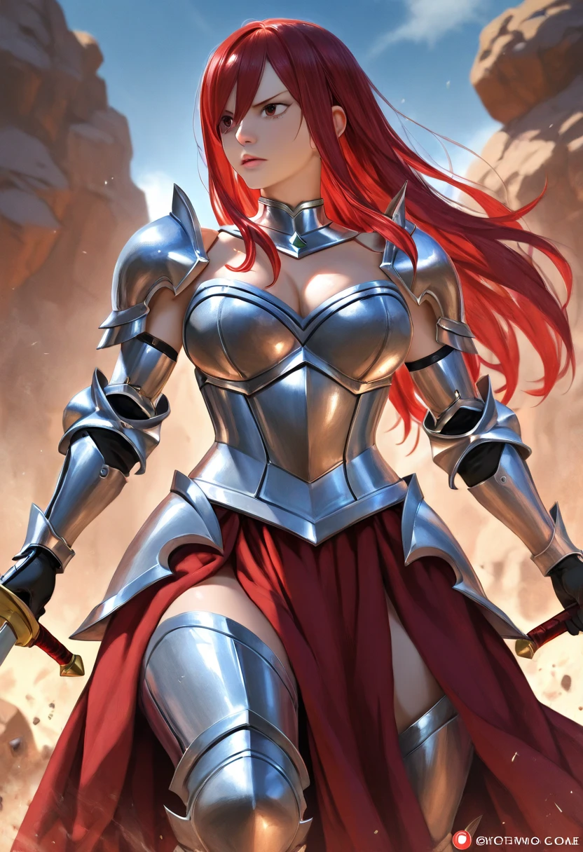 (((masterpiece, best quality,))) fantasy art,((full body)) a girl in metal armor holding sword, ((sword of flame)), ((close-up of sword)), (huge sword), PlantedSword,(holding sword). pink_dress, white_armor,cropped shoulders armor, plate armor, armor dress,gauntlets, red hair, long hair, tiara,cleavage, thighs, thighhighs,glaring, weapeon, (sword:1.3),PlantedSword, full moon