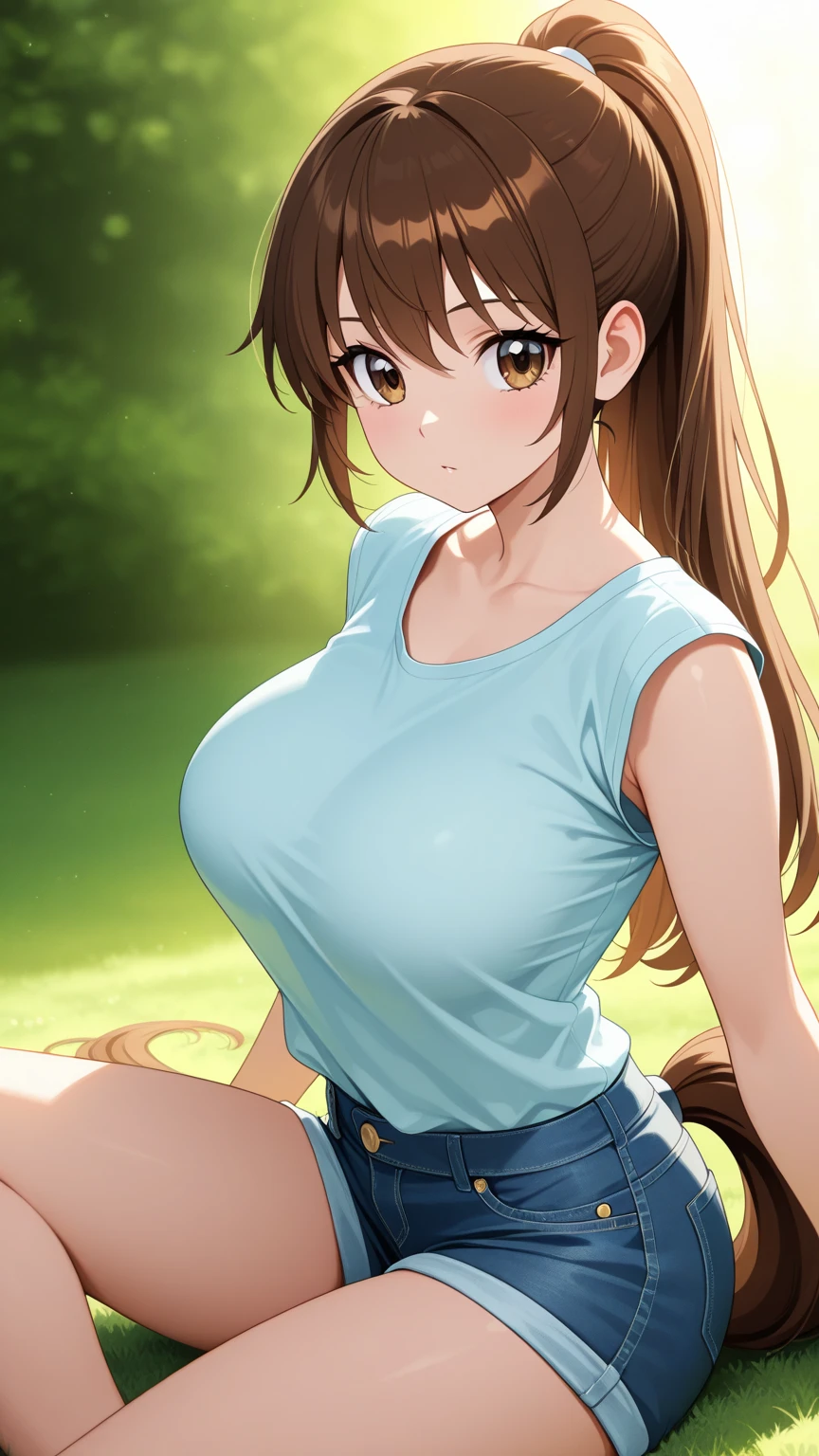 masutepiece, Best Quality, hight resolution, CHI1, 1girl in, Long hair, Ponytail, One side up, Solo, brown jean shorts, Red Ribbon, Orange shirt, Bangs, Neck ribbon, swollen short sleeves, Cowboy Shot, plein air, Smile, ladder, tree, built, Brown hair, Blue Eye,huge-breasted,wide hips,Big buttocks,(grabbing on breasts:1.3)