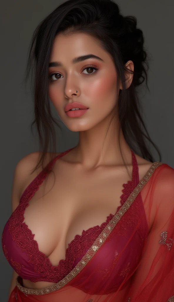nsfw, Classic Bollywood glamour, wearing , dazzling accessories, (captivating eyes, red lips, flawless skin), luxurious backdrop, velvet curtains, dramatic pose, interesting composition, spotlight illumination, rich shadows, sparkling bokeh, exquisite details, high-resolution, 35mm film, timeless elegance, natural blurry, dark brown_hair, large_breast, holding_breasts, looking at the viewer perfect size brest nipple nice cleavage seductive poses red lips full body front face nudes