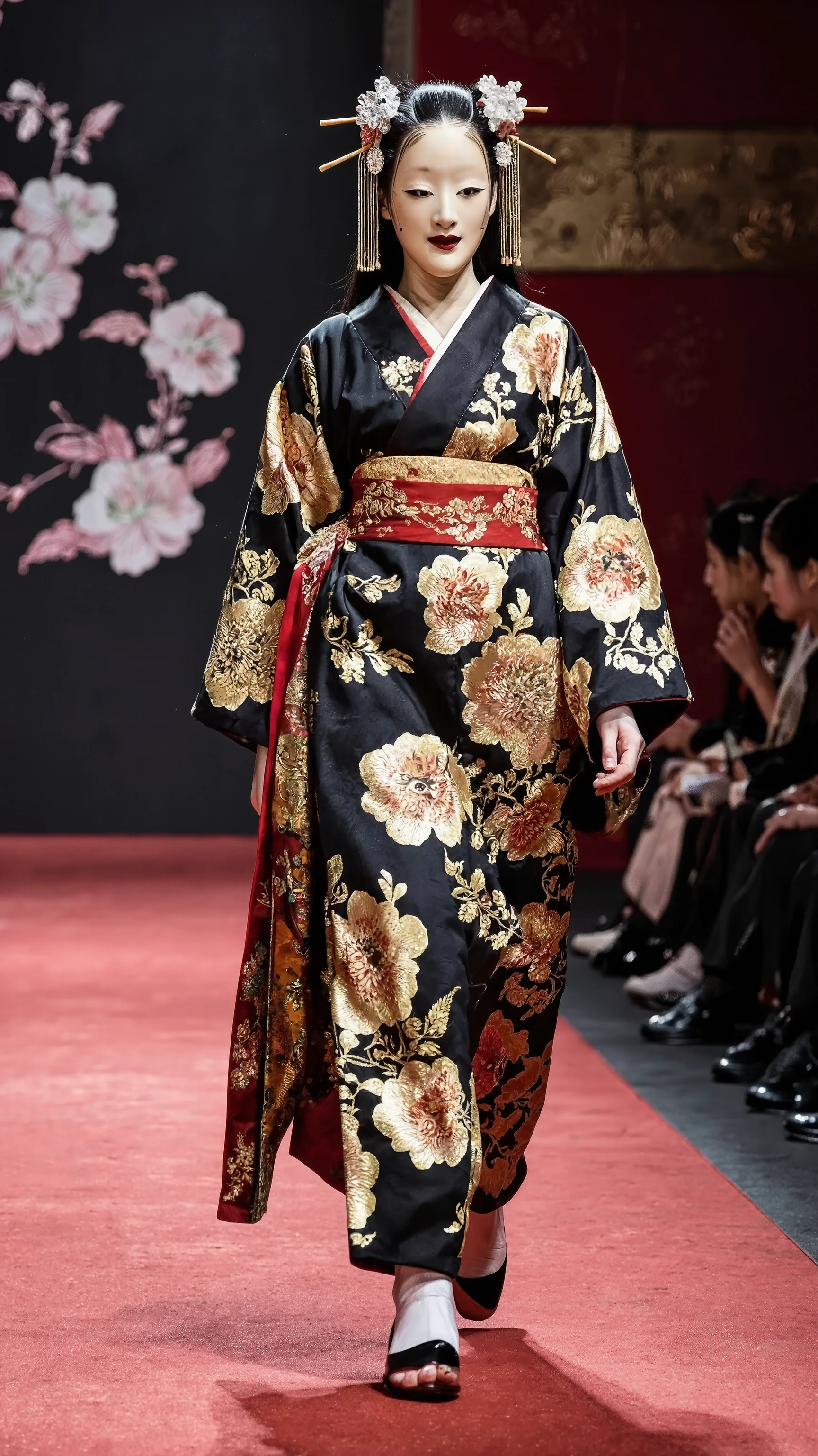 from high angle,face forcus,dynamic angle,dynamic pose,womanhood、A formal kimono style dress、womanhood的な、Model Walk、runway,Gold and red pattern on a black background、lavish decoration、A noble and relaxed look、Confident Appearance、(wearing noh mask、beautiful décolletage、Slit、sexy long dress、very long skirt)、organza material、luster、Three-dimensional Floral Motif、black hair,straight long hair、red carpet、show lighting、vivid colors、Artistic Design、Eccentric fashion,Kimono that combines traditional Japanese culture with high fashion、Sophisticated、Sense of luxury、Outfits designed for special events、Combines traditional Japanese artistry with modern aesthetics。runway,A venue decorated in Japanese style,artist photoshoot,fashion portrait,oiran,nmw