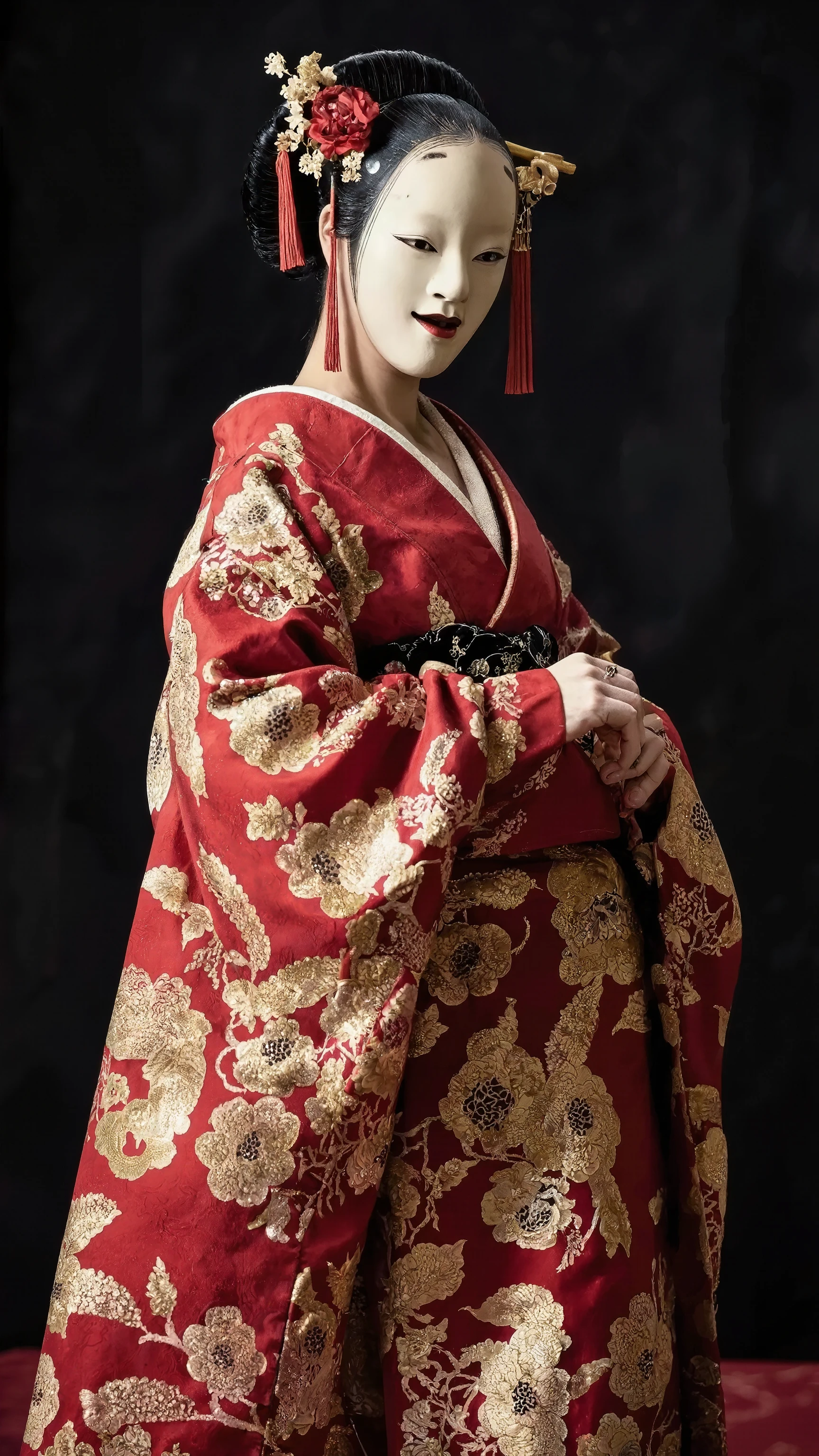from high angle,face forcus,dynamic angle,dynamic pose,womanhood、A formal kimono style dress、womanhood的な、Model Walk、Gold and red pattern on a black background、lavish decoration、A noble and relaxed look、Confident Appearance、(wearing noh mask、beautiful décolletage、Slit、sexy long dress、very long skirt)、organza material、luster、Three-dimensional Floral Motif、black and red 2tone hair,straight long hair、Princess cut hair style、bangs、red carpet、show lighting、vivid colors、Artistic Design、Kimono that combines traditional Japanese culture with high fashion、Sophisticated、Sense of luxury、Outfits designed for special events、Combines traditional Japanese artistry with modern aesthetics。artist photoshoot,fashion portrait,oiran,make up,nmw