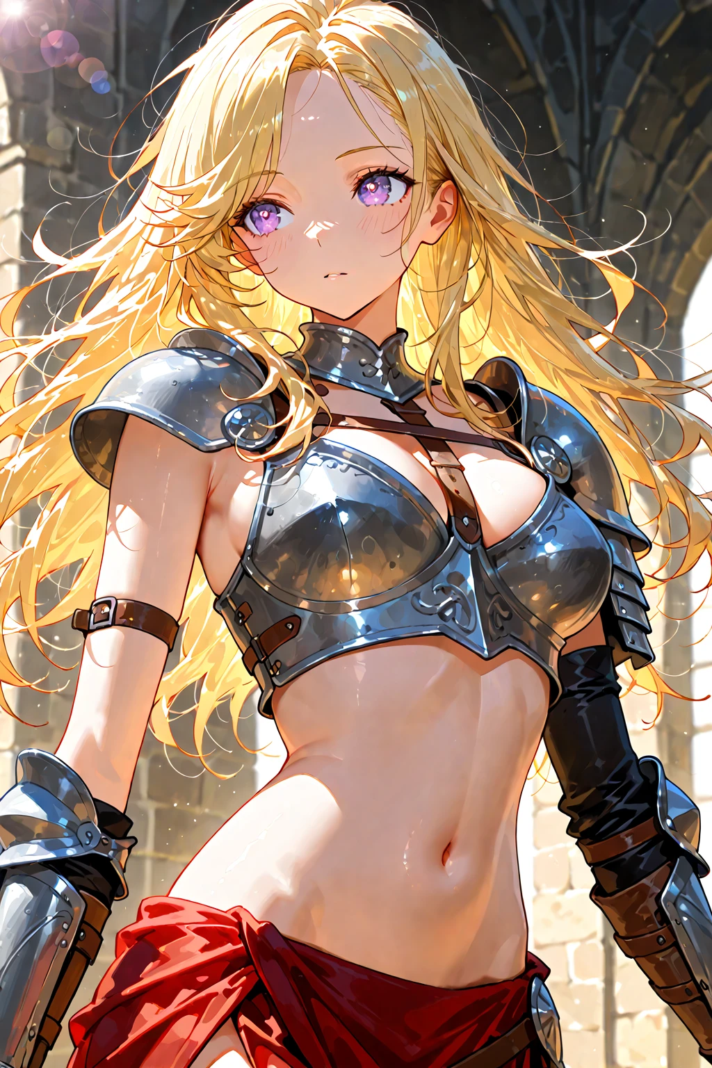 Very detailed、highest quality、Best image quality、masterpiece、8k、Anime Face、A kind smile、Open your mouth、Sparkling blue eyes、(Blonde wavy hair:1.5)、、Muscles of the whole body、camisole、Thigh belt、mini skirt、(Wearing red bikini armor:1.5)、(Cowboy Shot:1.5)、(Leg armor:1.5)、(Wearing a helmet:1.5)