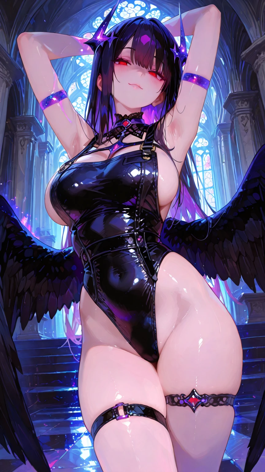 (blank black background, no background, soft dim lighting:1.2), best quality, (dutch angle view, ass focus:0.7), rating_explicit, score_9, score_8_up, score_8, score_9, score_8_up, score_7_up, score_6_up, embedding:zPDXL3, dredd_harpy, harpy housewife, outward pointy ears, massive tits, thicc, wide hips, (colored skin, blue skin:1.2), short hair
crop hair, purple hair, obsidian housewife clothes, cleavage, covered nipples, sexy expression, (reverse sexual position:1.2), (magenta eyes, big detailed eyes:0.7)