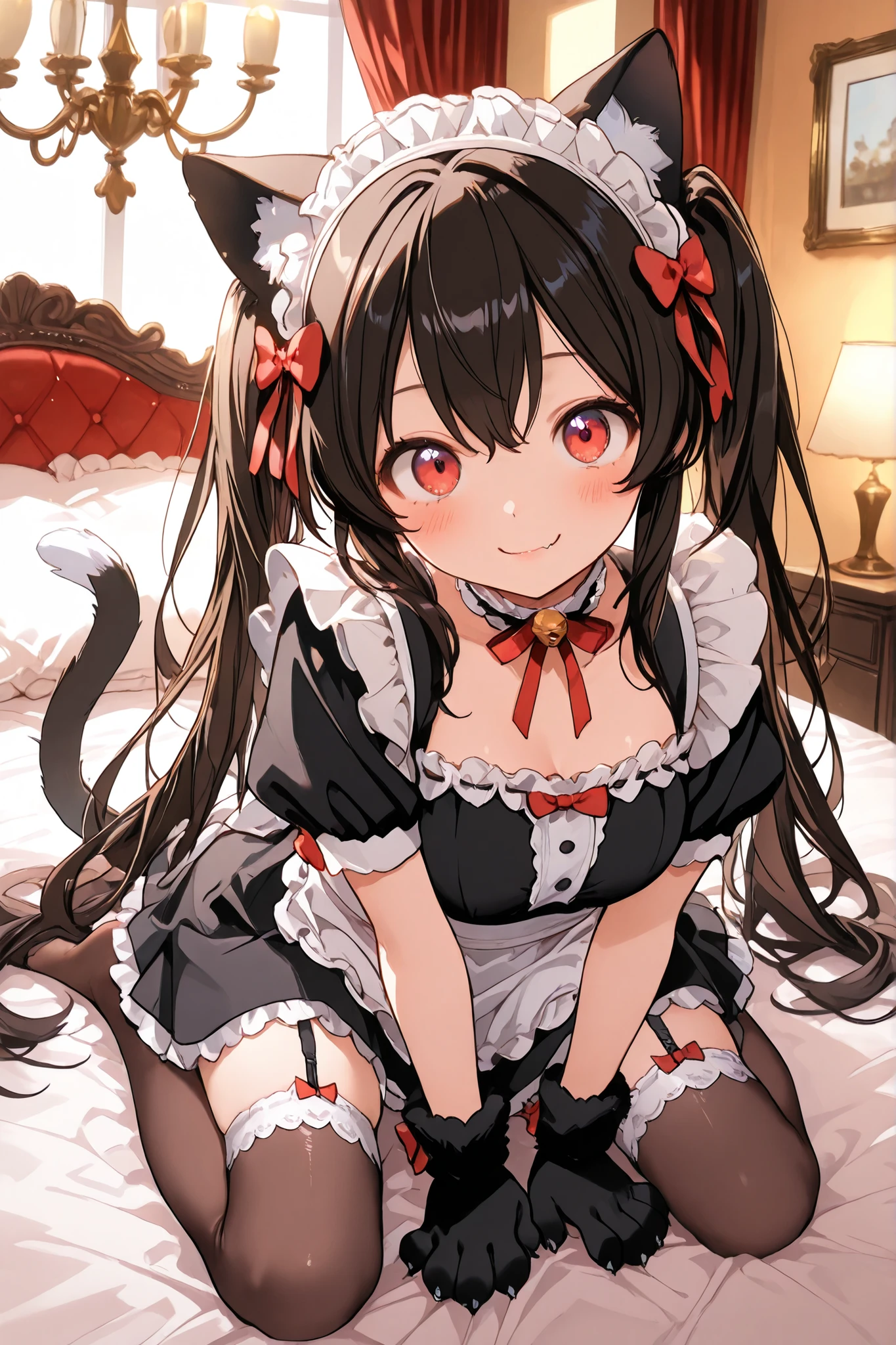 Highest Quality, masterpiece, ultimate resolution, cat ear maid, adorable expression, Fascinated Eyes, odd-eye,Fluffy Cat Ears, fluffy glove paw, smile with small fangs, above, Moist eyes, maid clothes costume, Lots of frills, pure white apron, Lace Embellished , Miniskirt, Black Stockings, GARTER BELT, choker, black hair twin tails, ribbon decoration, long hair, Shiny hair, Hairstyle to match the cat ears, hair accessories, angle from above,pose where hands are layered in front, bow and frill details, playful expression, pink cheeks, Glossy Lips, long lashes, white skin, Slender Hands and Feet, With a Flexible Body, how to turn your neck like a cat {x} fluffy maid skirt, Fine lace embellishment, bow and frill details, clean atmosphere, cute gesture, A cat-like gesture, charming expression, Spoiled Personality , Submissive atmosphere, maid cafe style interior, Antique Furniture, chandelier, Warm indoor lighting, gentle atmosphere