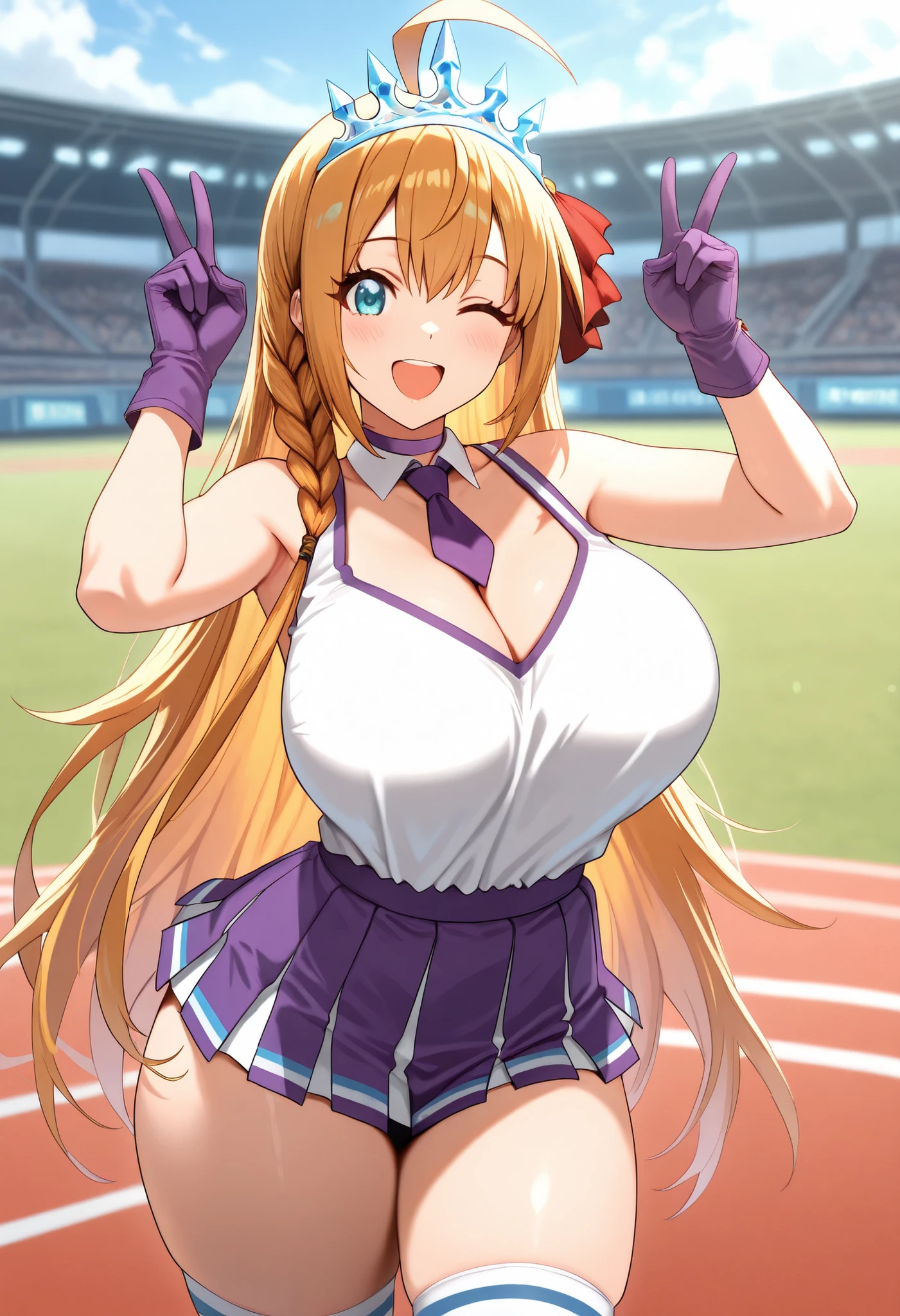 (best quality, masterpiece, ultra detailed, high resolution), Beautiful , score_9, anime style, Masterpiece, best quality, Pecorine, pcrpeco, ahoge, braid, , tiara, hair ribbon, purple ribbon,orange hair, long hair,blue eyes, purple choker, detached collar, cleavage, thick thighs, look at viewer, smiling, shoulders, purple gloves, purple necktie, pom-pom,
two-tone shirt , white shirt , cheerleader costume, cheerleader , ,
midriff, shirt tucked in, crop top, purple skirt,
micro skirt ,mini skirt, frontal view, , focus on face, lawn background, blurry background, white stocking, double V gesture, arms up, wink one eye, :D