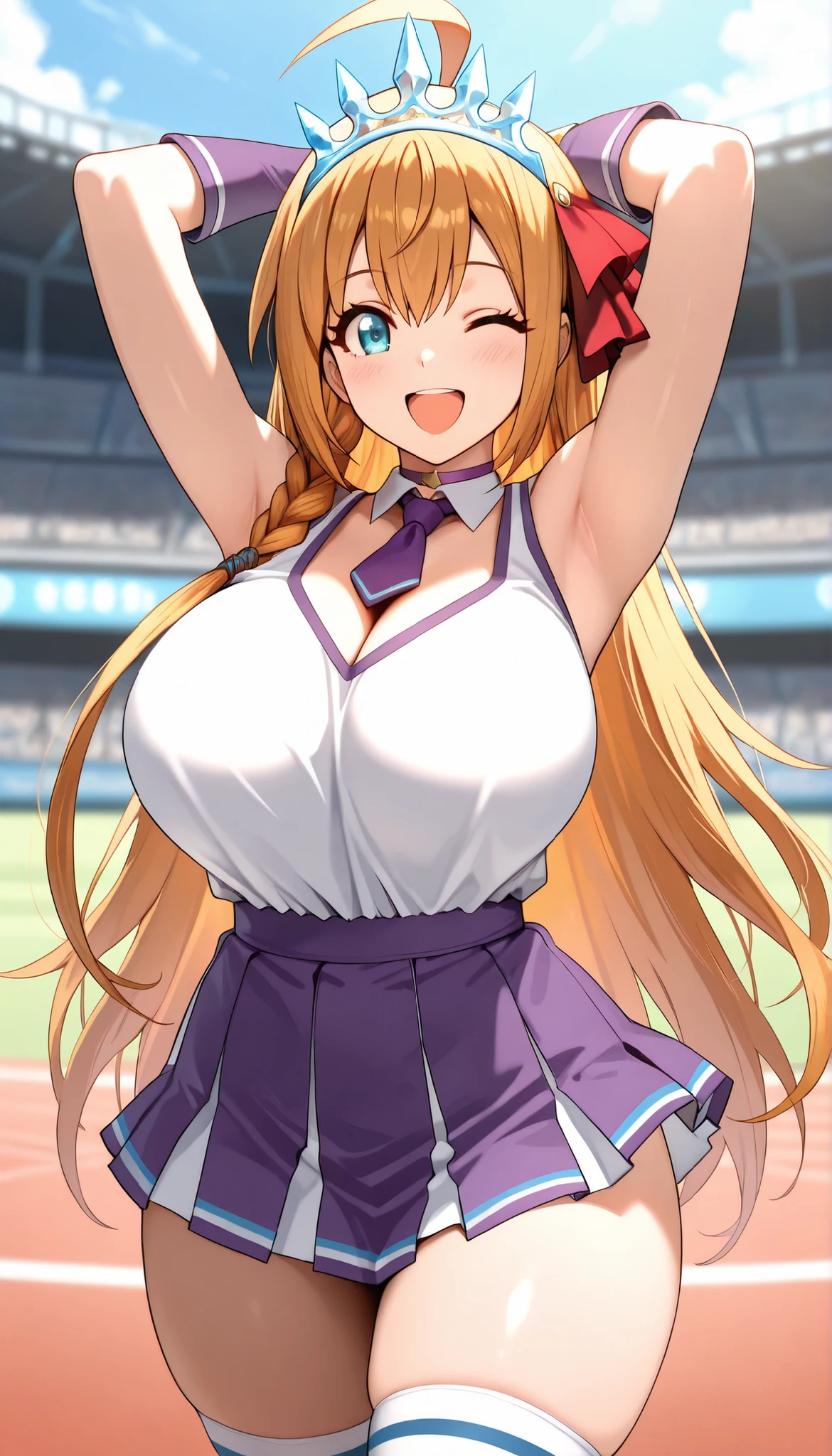 (best quality, masterpiece, ultra detailed, high resolution), Beautiful , score_9, anime style, Masterpiece, best quality, Pecorine, pcrpeco, ahoge, braid, , tiara, hair ribbon, purple ribbon,orange hair, long hair,blue eyes,  purple choker, detached collar,  cleavage, thick thighs,  look at viewer, smiling,  shoulders, purple gloves, purple necktie, pom-pom,  
two-tone shirt , white shirt , cheerleader costume,  cheerleader , , 
midriff, shirt tucked in, crop top, purple skirt,
micro skirt ,mini skirt, frontal view, , focus on face, lawn background, blurry background, white stocking,   arms up, wink one eye, :D