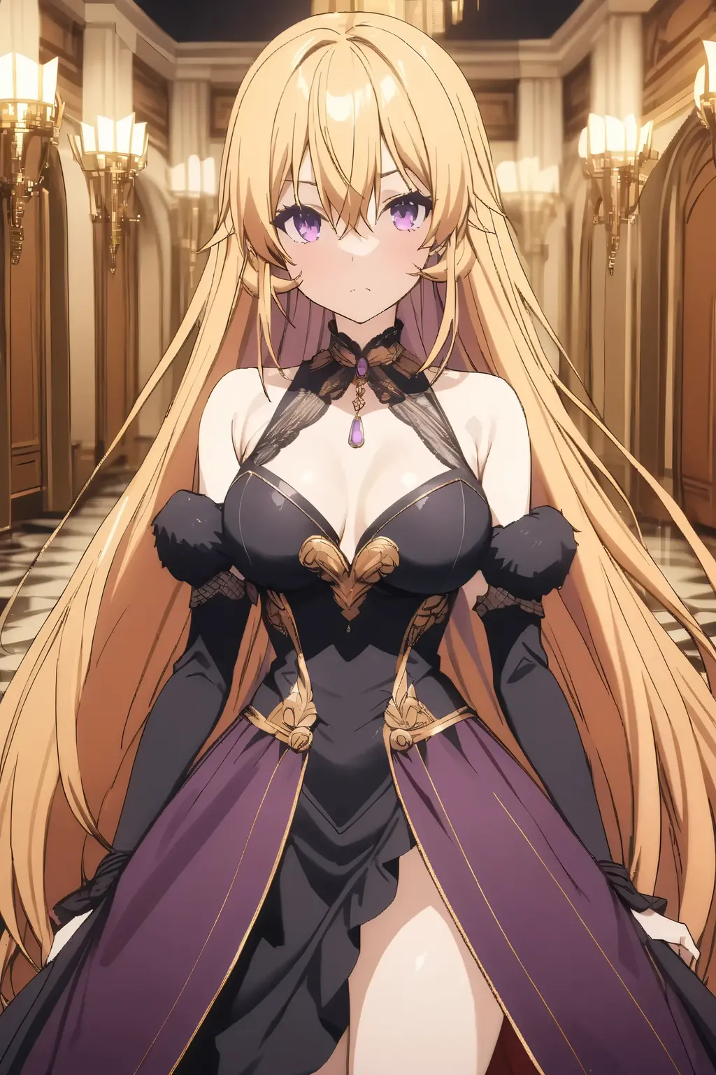 carmillavanstein, <lora:carmilla vanstein s1-lora-nochekaiser:1>,
carmilla vanstein, long hair, blonde hair, (red eyes:1.3), hair between eyes, ahoge, hair bow, pointy ears, smile, smug,
BREAK dress, cleavage, bare shoulders, jewelry, earrings, detached sleeves, elbow gloves, strapless, strapless dress, purple dress,
BREAK indoors, castle,
BREAK looking at viewer, (cowboy shot:1.5), dynamic pose,
BREAK <lyco:GoodHands-beta2:1>, (masterpiece:1.2), best quality, high resolution, unity 8k wallpaper, (illustration:0.8), (beautiful detailed eyes:1.6), extremely detailed face, perfect lighting, extremely detailed CG, (perfect hands, perfect anatomy),