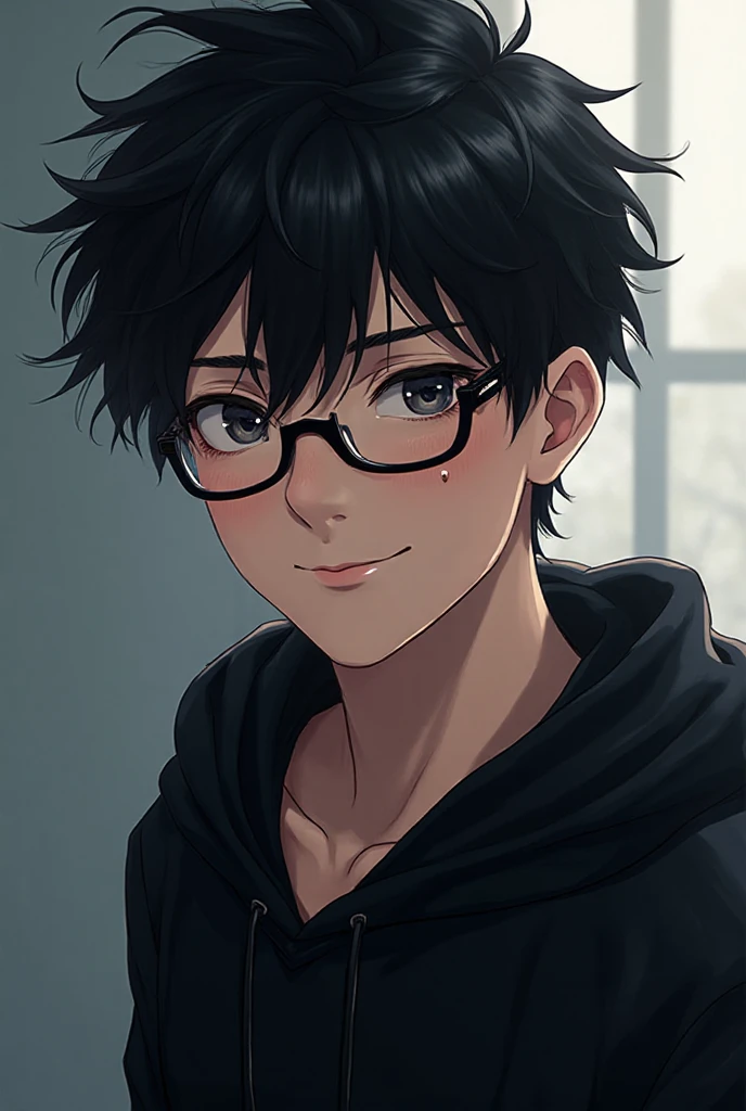 A guy around 20 years old with Asian dark eyes and black hair,haircut wolfcut,he wears glasses with black hoodie,moles under left eye and on the right cheek,soft lips,smirk on his face,anime style