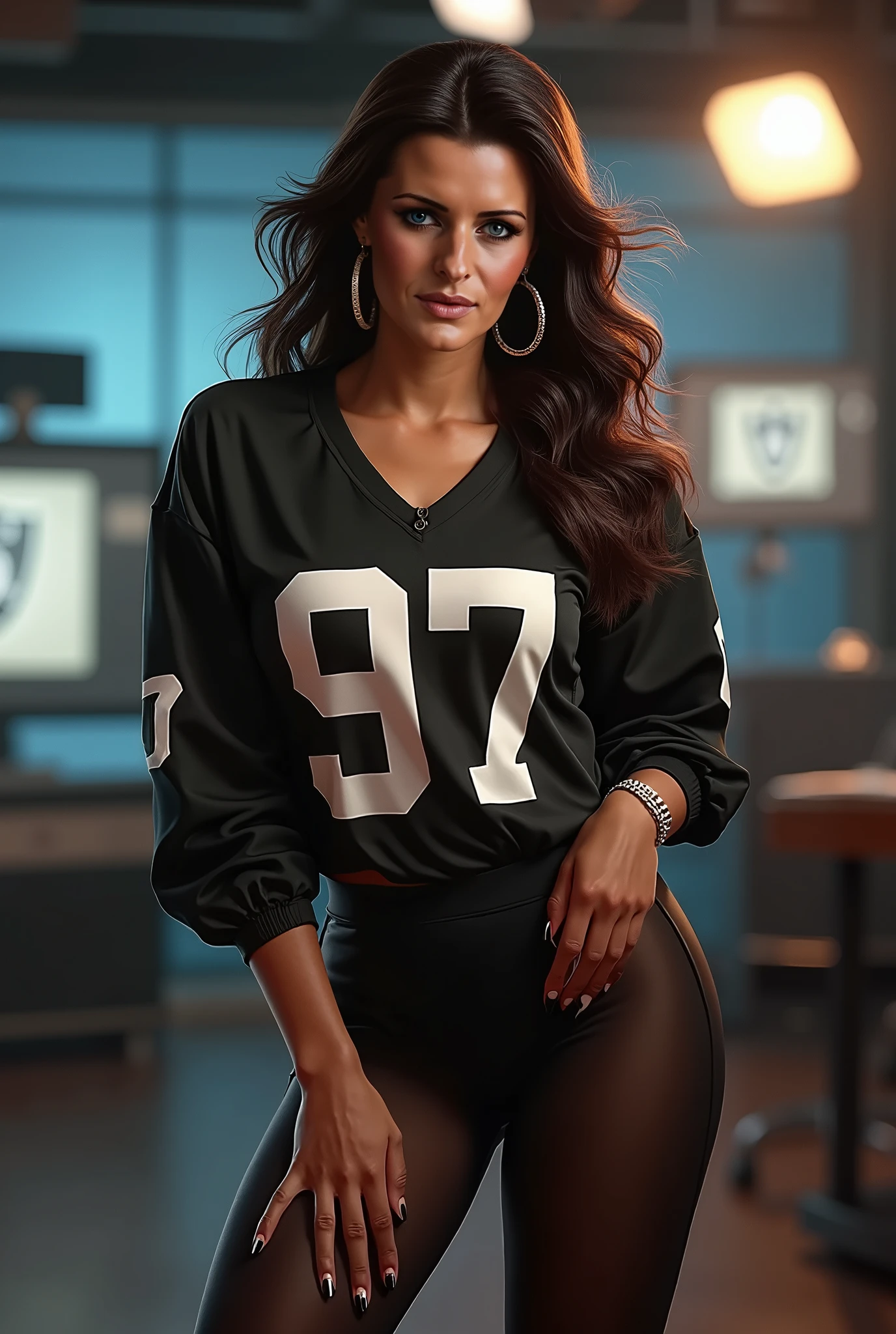 <lora:()Ambre Vourvahis:1> @mbrev, Wearing an unzipped cropped jacket, open jacket, sports bra, spandex shorts, depth of field, bokeh, football field, (masterpiece) (best quality) (detailed) (8k) (wallpaper) (cinematic lighting) (sharp focus) (intricate), dynamic lighting, vivid colors