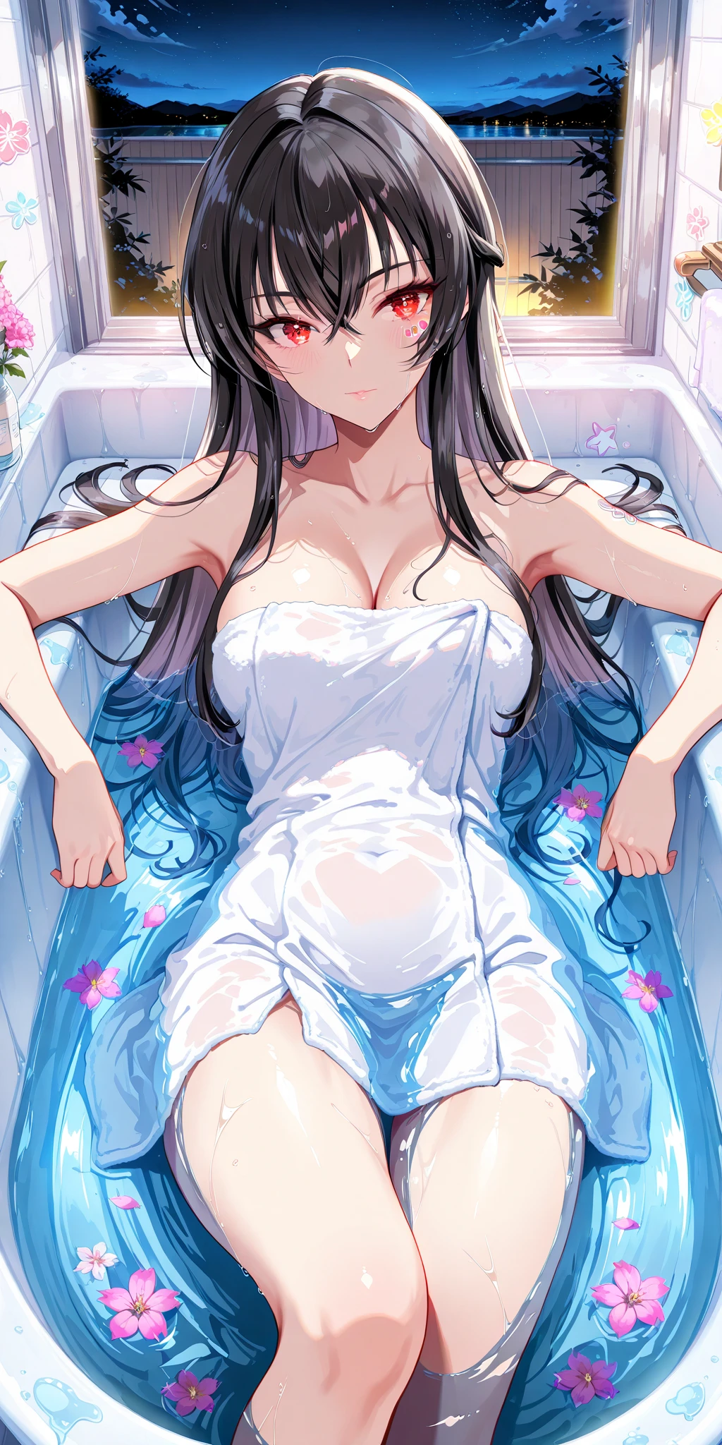 Beautiful Chitanda,只有一个beautiful girl,Purple Eyes, Black Hair, Natural straight hair, Straight bangs,Extremely refined,open your lips,Face is so red,Very white skin,Glowing skin,big eyes,Flowing long hair,beautiful girl, Like a dream,Slim,Soft, (Sensual), (Kawaii), Dream quality,In the hot springs,ceramic tile,Legs clamped around the water pipe,Legs around the shower head,Just finished taking a shower,Bath towel to wipe the body,Deep V neckline,The neckline is very loose,Naked,Wet,Beautiful big breasts,No pants,Delicate clavicle,Delicate hands and feet,Bare neck,Bare thighs,Exposing the groin,Camel toe,Bare legs,barefoot,extremely shy,Ultra-high resolution, (masterpiece:1.2, best quality), (Delicate and beautiful eyes: 1.2), (Beautiful and delicate face)