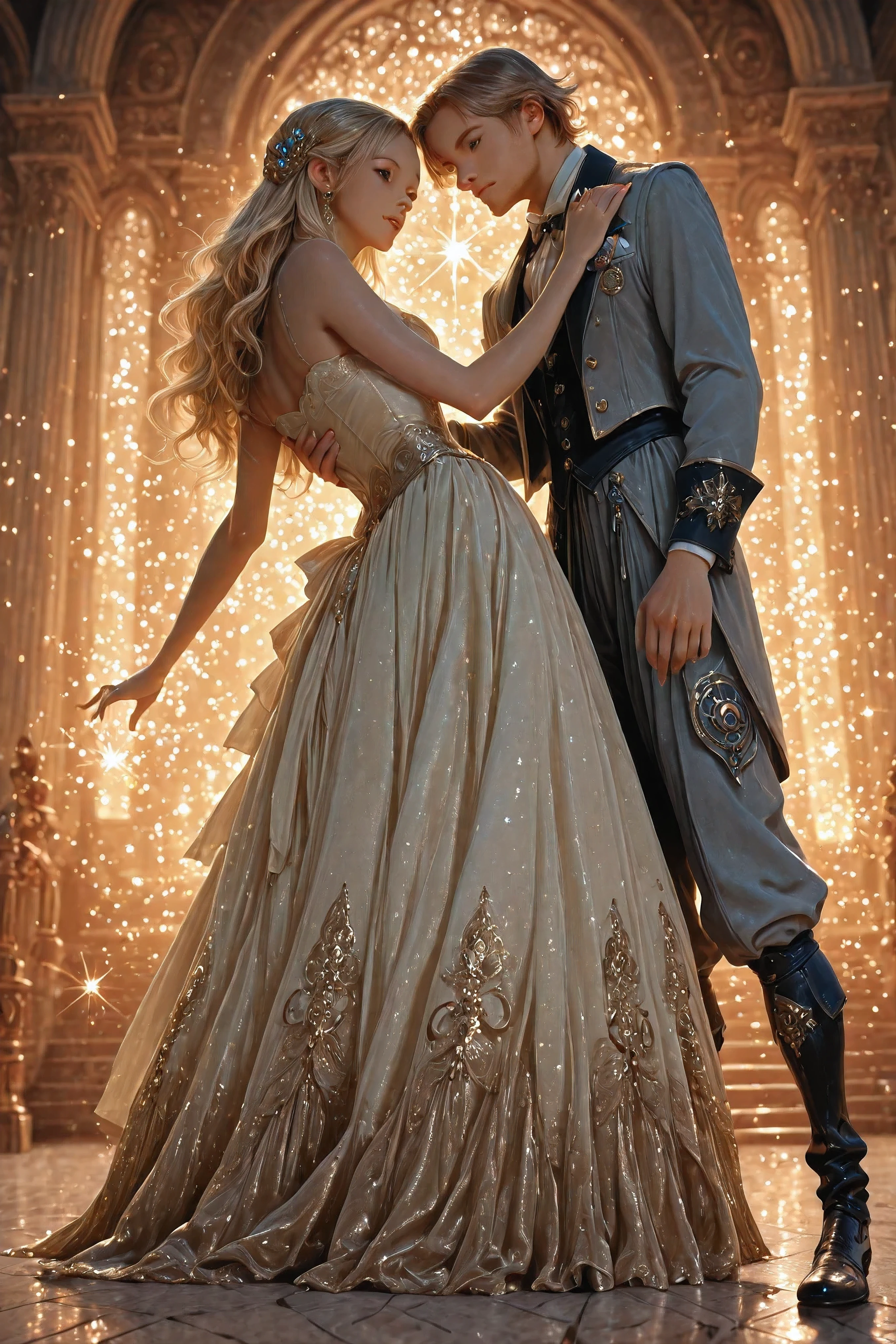 Ultra High-Definition,(ultra professional photorealistic:1.5), best high-quality, ultra-high resolution, top-masterpiece The Little Prince's Unfinished Journey, Boy and girl dance gracefully on the surface of the moon and、star々gently rock their skirts and cloaks to match the sparkling background Rose.