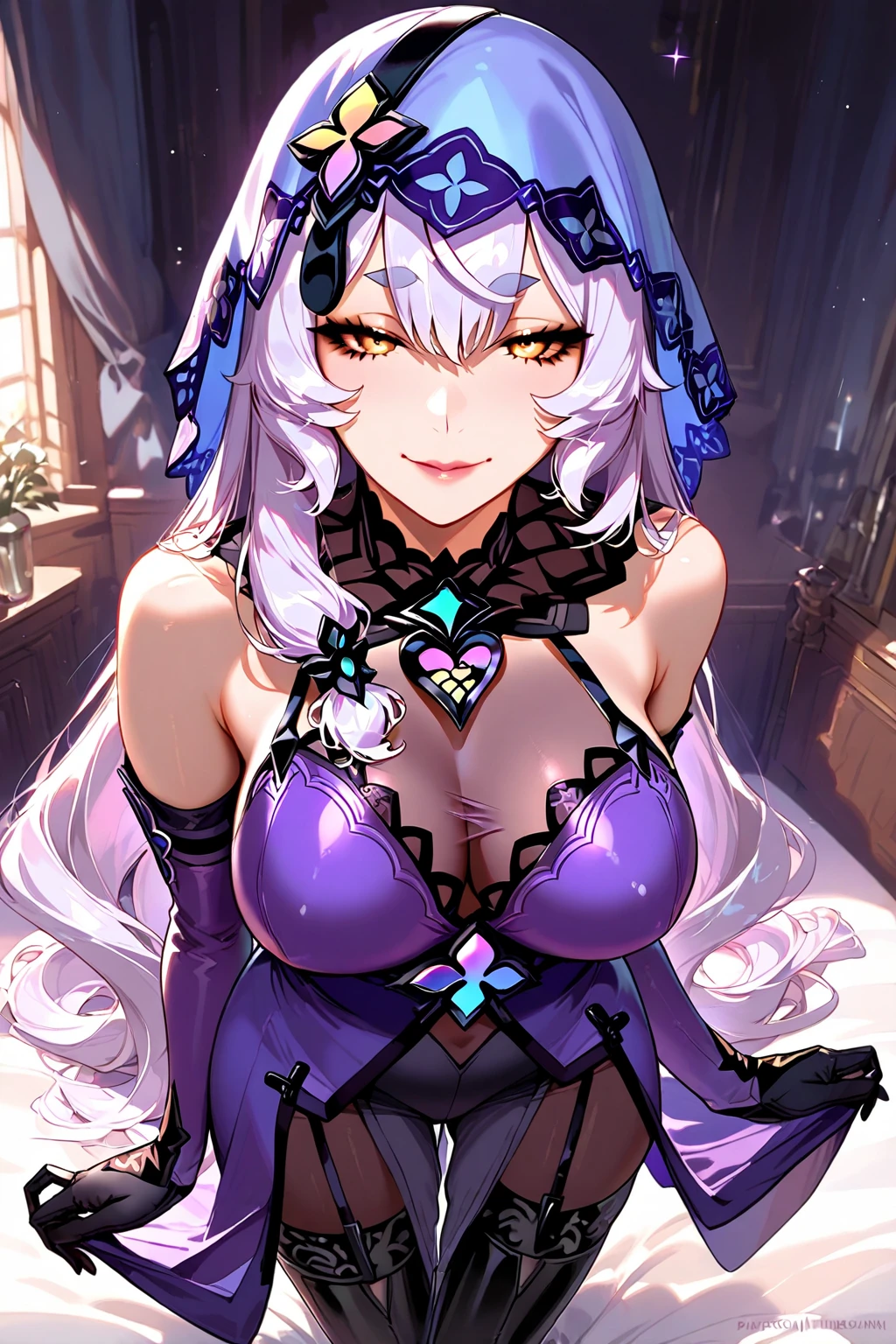 blackswan, <lora:black swan-lora-nochekaiser:1>,
black swan, hair between eyes, long hair, (purple eyes:1.1), very long hair, white hair,
BREAK arm belt, bare shoulders, cleavage, covered navel, dress, elbow gloves, gloves, purple dress, sleeveless, sleeveless dress, veil,
BREAK indoors, church,
BREAK looking at viewer, (cowboy shot:1.5),
BREAK <lyco:GoodHands-beta2:1>, (masterpiece:1.2), best quality, high resolution, unity 8k wallpaper, (illustration:0.8), (beautiful detailed eyes:1.6), extremely detailed face, perfect lighting, extremely detailed CG, (perfect hands, perfect anatomy),