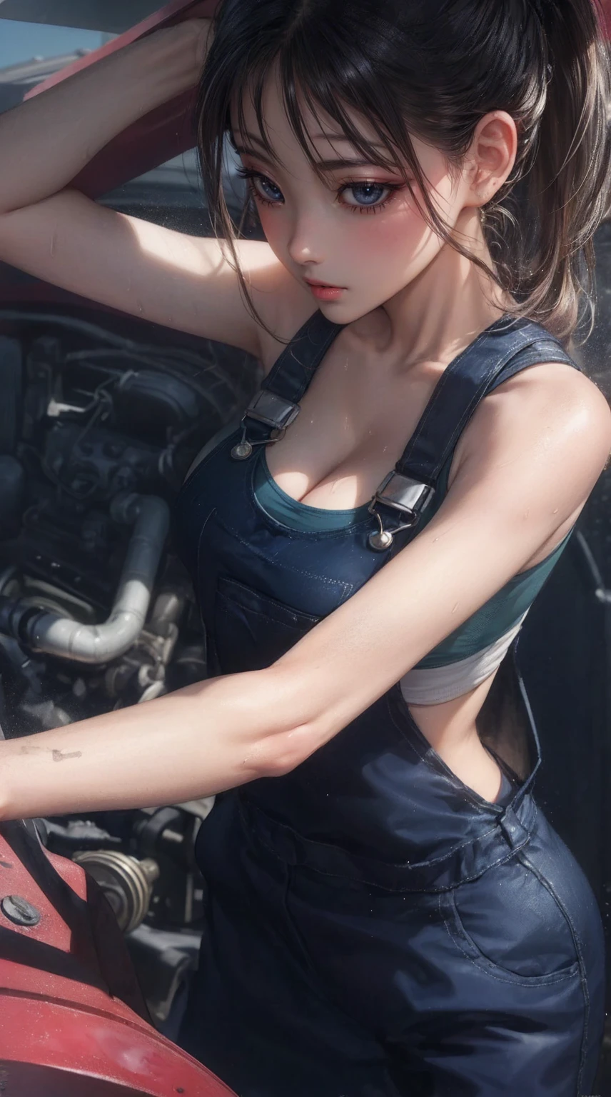 young blue eyed mechanic in her 19's athletic body, long curly hair clear detailed image, picking fruits on sunny days