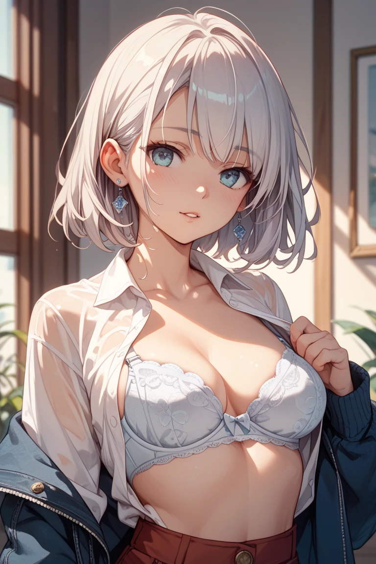 (masterpiece: 1.3), (Maximum resolution: 1.2), (Ultra HDTV: 1.2), Cinematic Light, 8K resolution, Detailed facial features , (Sharp focus: 1.2), (Focus on the face:1.2),Perfect Style, Beautiful Face, Acura, Anatomically correct, Highly detailed face and skin texture, Beautiful Eyes,Beautiful Eyes, Thin eyebrows, Glitter Eyeliner: 1 Natural Cheeks, Glowing Skin, Fair skin: 1.2, (Glossy lips: 1.4),、 (Embarrassed look: 1.2),Highly detailed face and skin texture, Natural Cheeks, , Glossy lips: 1.4,Perfect Style、Cleavage、Soft Breasts、(White mucus on chest:1.4)(White mucus on thighs:1.2)、 Overflowing sperm、Dripping semen、blush、A humiliating look、Anxious expression、A look of humiliation、Embarrassed look、Glare、anger、sorrow、tears、Open your knees、Spread your legs、 White underwear、White bra、Sparkly little earrings and necklace、Disheveled clothes、White panties、sweating、Thin underwear、stockings、22 years old, A clean-cut woman,1 person、 Upward-facing chest, Old bedroom、On the bed、(On my back, ベッドにLying down, Lying in bed, Lying down, White sheets:1.3)、Black Hair、blonde、Silver Hair、Blue-gray eyes、Green Ash Eye,(Sexy Dress:1.4)、Wet glasses、Masturbation、masturbation behavior、Masturbation、Wavy short hair、