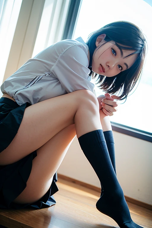 , (Panty seams detail:1.4), (Panty seams), (Panty stitching), (White cotton panties:1.35), (blazer), blazer色は紺色です,,(Professional Portrait, Professional Writing) ,masterpiece,最high quality,Realistic,8k,Official Art, Ultra-high resolution, ,,,Medium Hair,(black gradient hair:1.02), 8k,high quality, Very detailedな, 最high quality, Very detailed, beautiful , (Professional Portrait, Professional Writing) ,masterpiece,最high quality,Realistic,8k,Official Art, Ultra-high resolution,, , , , Medium Hair、(Cute panties from the front:1.2)、Black Hair、、、, (School stairs in the background:1.03), ,、, ,, , (Eyes looking at the camera:1.23), Sit with very good posture, , (Focus between the legs:1.24), , , sit politely, Align your legs, Knees together,