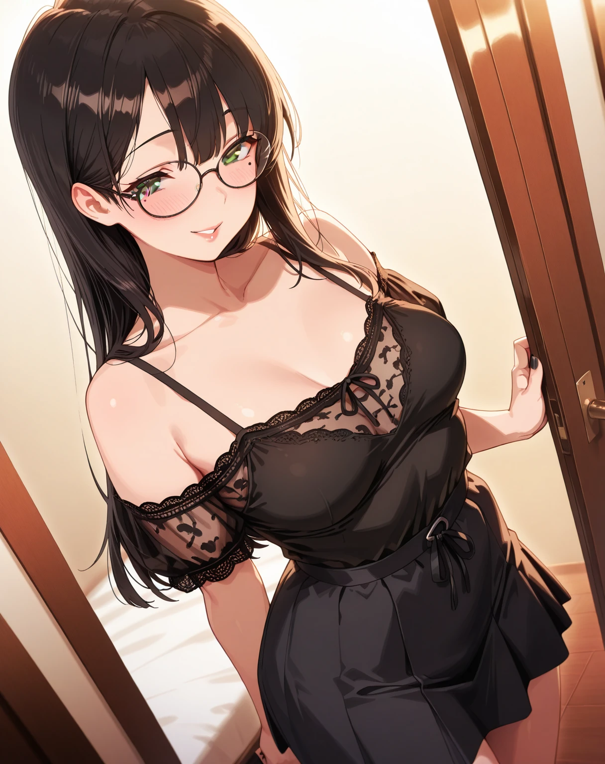 1girl, solo, masterpiece, best quality, cowboy shot, cleavage, large breasts, long hair, semi-rimless eyewear, arms behind back, leaning forward, <lora:underwearset1v24:0.8>, underwear only, suspenders, lace,