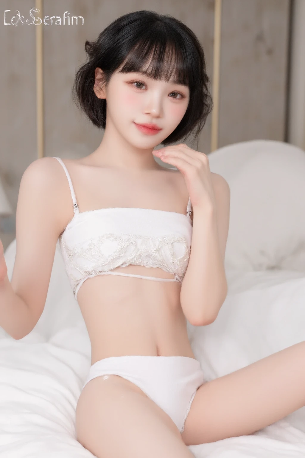 ((Best image quality)、Korean 20 years old、In a private luxury villa, NFSW, high resolution, Natural and smooth implementation, head and body balance、Perfect 바디 뷰티:1.4、slim、thin legs、((dark brown hair、very small breasts:1.2))、, Highly detailed face and skin textures、eye for detail、shy smile、Perfect 、with legs spread, lighting areola、Aiming to become a gravure idol、An angle slightly lower than the front、top quality、reality、open crotch、cute appearance、small ass、K-pop makeup、embarrassed expression、thin waist, White and clear skin, cute belly fat, chubby, Narrow pelvis, hairstyle for long hair, wet, natural implementation, pantyhose dress, clear and bright weather, bed, Temptation