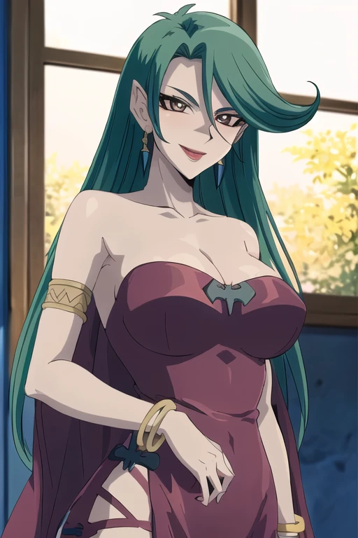 bisca, fairy tail, anime art style, 1girl, long_hair, breasts, smile, open_mouth, large_breasts, hat, navel, cleavage, closed_eyes, green_hair, midriff, makeup, facial_hair, lipstick