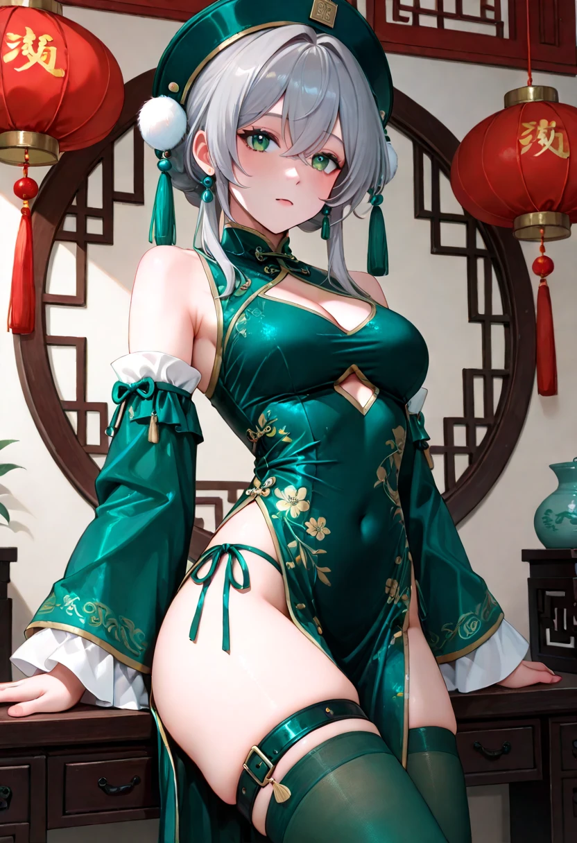 ((masterpiece、Highest quality、Super Fine、High resolution、Genuine、Sharp focus))、Face Light、((And yet delicate and beautiful))、Female Elf、Deedlit、((Silver Hair))、((Ponytail)),Round face、Sexy figure、((Wearing black knee-high socks))、Fantasy Characters、((Large Breasts)),((Bright eyes)),Emphasize cleavage((Spread your legs wide)),,Embarrassed,,,((The clothes worn by Chun-Li)),((Skirt with a large slit)),((Sparkling Eyes)),((dark skin)),((Dark Skin)),((Long skirt)),One Girl,Knee-high boots,Short sleeve,Glossy clothing,Chinese clothing,sit,
