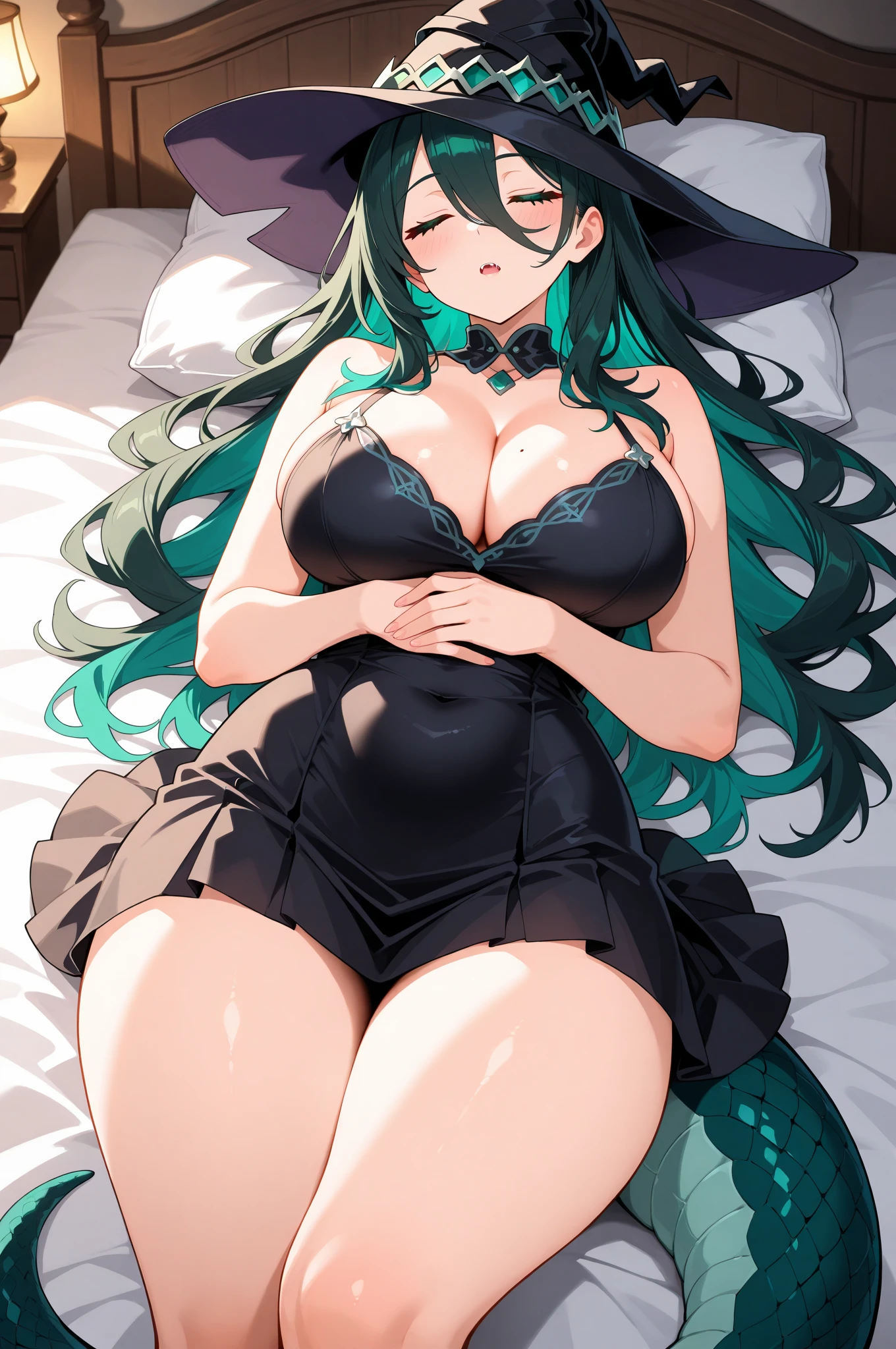 score_9, score_8_up, score_7_up, score_6_up, score_5_up, score_4_up, 1women, (Milf), mature women, full body, view from above, detailed mature face, tall, mature body, Xianyun, long hair, black hair, multicolored hair, yellow eyes, green hair, two-tone hair, streaked hair, (large breasts:1.1), floox style, rating_explicit, floox style, high resolution, expressive, perfect anatomy, perfect hands, hands above head, masterpiece, solo, naughty face, big detailed eyes, indoors, (lying down:1.2), close-up, (breasts focus, cleavage), black lingerie, black garter belt, (stockings socks), panties, hourglass figure, sexy define legs