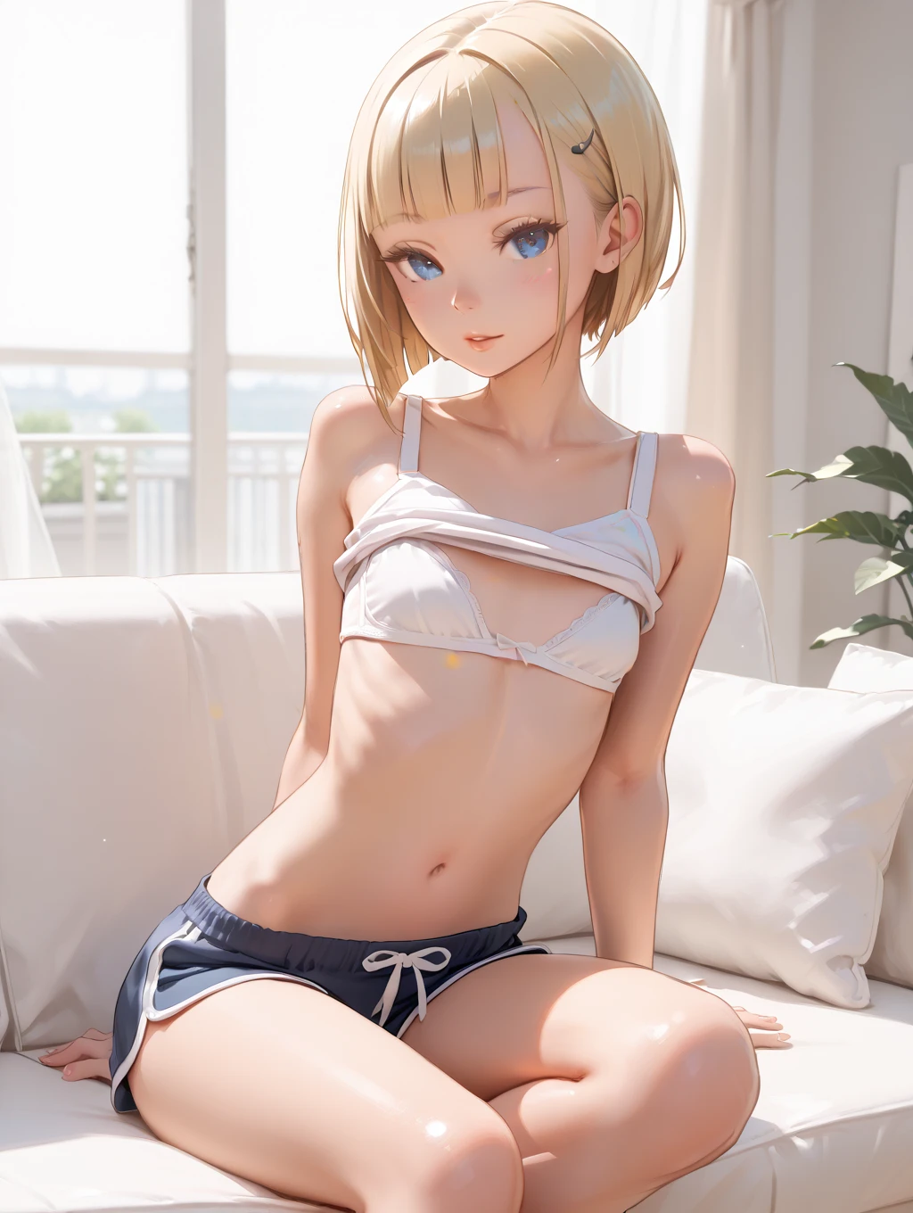 One Girl Russian Flat Chest Small breasts Cat ears headband Sandy coast Completely naked Wet body Sculptural installation whole body beauty High resolution High precision Blonde Hair Golden eyebrows Detailed skin 16 years old blue eyes Detailed face Bright smile (Bobcut) Trim your bangs