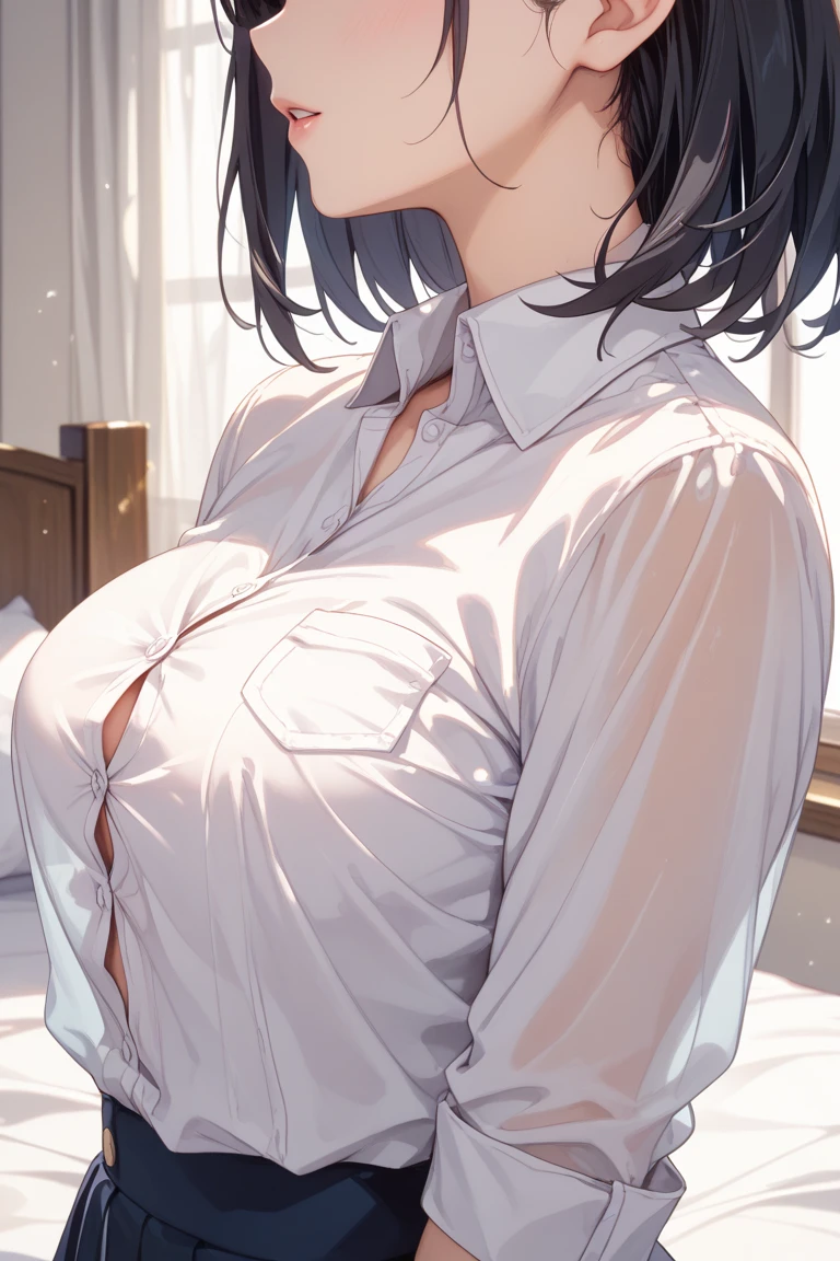 ((one beautiful girl kissing a man)),(large udder),(((Top image quality))),(((detail portrayal))),(((Rational portrayal))),(((Best Quality))),(((Indigo hair))),(((Straight hair))),(Short hair - bob cut hair),(((a small face))),(((Pin the bangs to the side))),(((put out one's forehead))),(((asymmetrical bangs))),(((Indigo eyes))),(masterpiece)), (((drooing eyes))),((top-quality)),((Vivid light and shadow depiction)),(((cute little))),(((Beautiful body lines))), (Detailed body line depiction), ((detailed face depiction)),((ighly detailed)), (8K), top-quality, (Beautiful fece),(((World-class quality))), ighly detailed, hight resolution,(((Anime filling))),(((de pele branca))),(((Summer School Uniforms))),(((Open the front of the clothes to show your chest))),(((Lower body naked))),(((Grey pleated skirt))),(((Pull up your skirt))).(((Pink floral panties))),(((Detailed crotch depiction))),(((Composition seen from behind))),(((Composition looking up from below))),(((red blush))),(((Embarrassed and frightened face))),(((Composition seen from behind))),(((Luxury hotel rooms))),(((Squat down on the bed leaning against the window)))、(((Window with night view))),(((Condoms are scattered on the bed)))),(((Open your legs to show your crotch))),(((full of sweat))),(((Show your legs))),(((Positive posture))),(((look at side))),(((pubick hair))),(((Show your))),(((White liquid dripping from the crotch)))