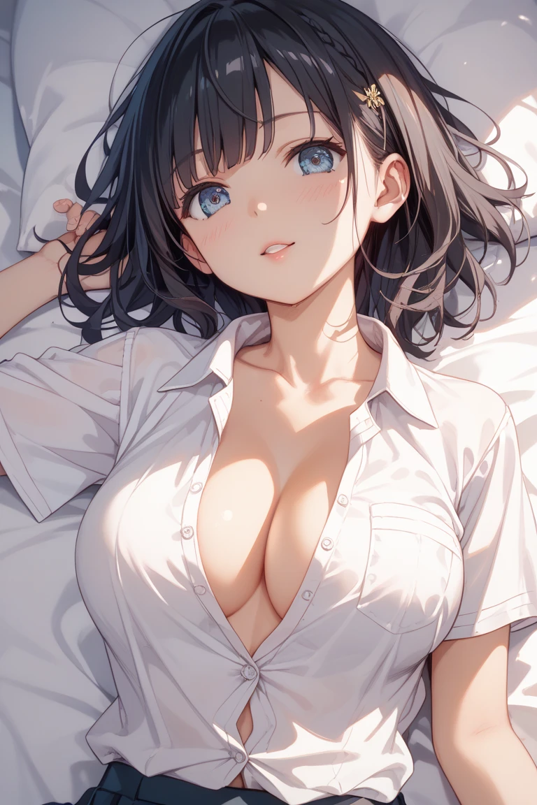 ((1 guy grabbing 1 girl breast)), (( the girl is tied up)), ((the girl's arms above head)), ((naughty expression)), ((black bra)), ((lying on the bed)), ((sweating)), ((unbutton white collared shirt))