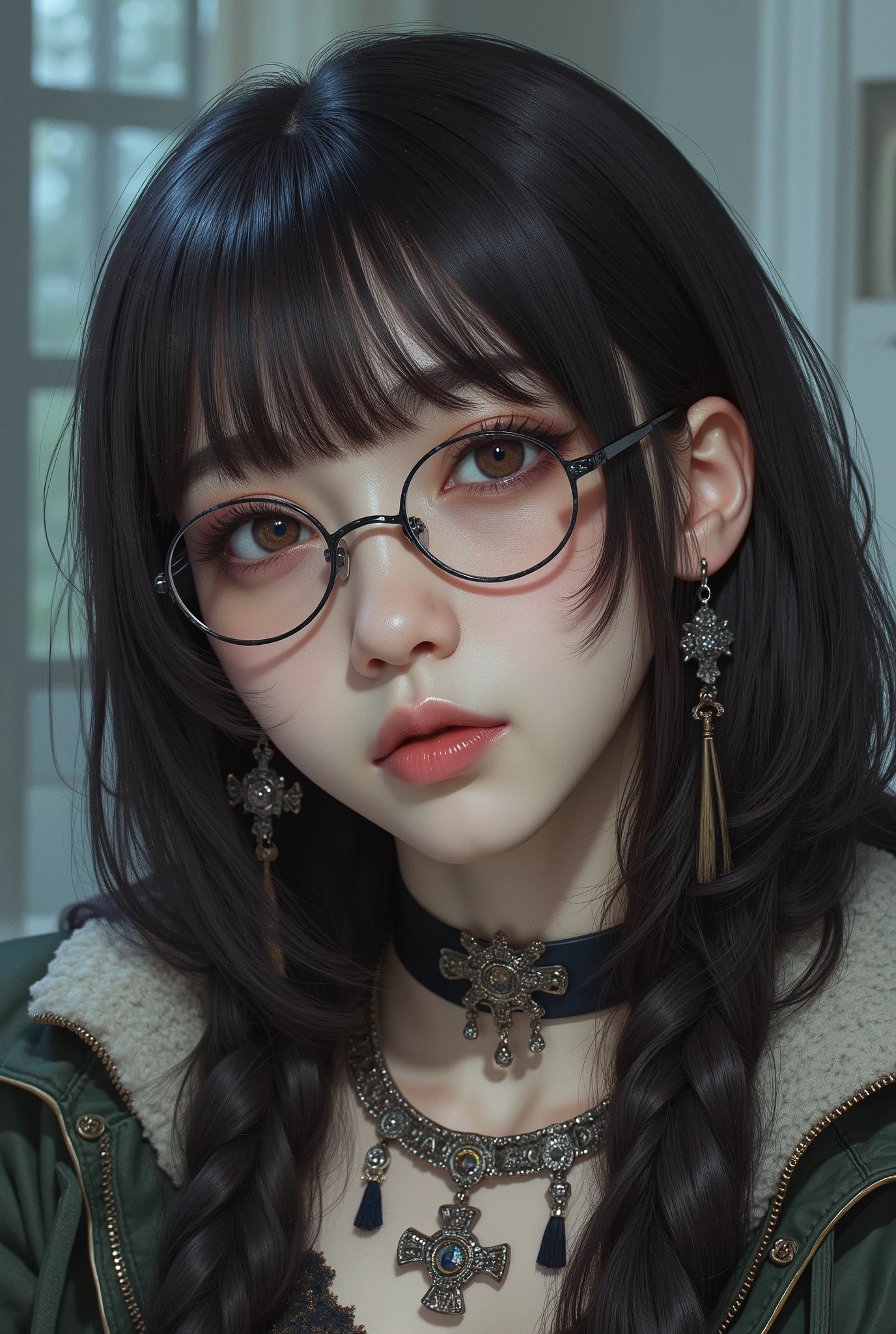 ( Highest Quality, best illustrations,high image quality:1.2), (Horror Fantasy:1.5), (ink and watercolor:1.5),(Ominous Scenery :1.5),(A lot of dust rises:1.5),( Dirt Track :1.5),(wonderful:1.5),(masterpiece:1.5), (Powerful figures:1.1、Big Breasts:1.3) 、 ((((glasses、Closeup Shot, cute、 Red Eyes、 Evil Ruby's Cursed Necklace )))),(((glasses、Big Breasts、 braids)))、 cute face, raise eyebrows , ,(Fatal Beauty, charming beauty ) ,(Mysterious Charm:1.1),(Big Breasts、attractive silhouette), high image qualityテクスチャ 、High Quality Shadows、 beautiful and delicate face 、 beautiful, delicate, eyes are sticky liquid dripping 、 ray tracing 、 20th Generation、 cute K-POP girl、( The Face of Korea )、Thin face、( Ulzan-6500-v1.1:0.6)、 Face of Pure Loss _v1 , ( beautiful and delicate face , beautiful and delicate eyes, perfectly balanced face , high image quality skin , detailed skin, lens flares {x} perfect ratio 4 fingers to 1 thumb :1.25)、 DSLRs、 地獄から来たbeautiful悪魔女 , ATTRACTIVE GIRL , Real Girls, Gurwitz, Gurwitz-style Artwork , Girl Roleplay, Realistic 3d style, cgstation Popular Topics,, 8k portrait rendering BYMR. nomi ,(truth,truth:1.4,glassesの少女 :1.2)、cheek、 glossy lips, 1. オーバーサイズ comment: comment、 come up with an oversized design that covers shoulder to knee.。 navy blue or black are standard colors .、[ Soft khaki or beige , wait.、 Pick the right color for the season 。 2. choose the color that suits your skin : To protect yourself from the cold、 choose the color that suits your skin 、 ニットの質感と色を commentに合わせてください .。 3. ワイドレッグ pants: pants, choose a wide leg design 、combines mobility and style。Dark tone denim or black pants look great.。 4. knee-high boots: オーバーサイズ commentに含まれるもの、boots are black or dark brown Match the texture and color of the fashionable.、 Gives a stylish impression 。 5. accessories: The 。 Disney 、 long necklace 、6. handbag: handbag、let's match the color of your outfit.