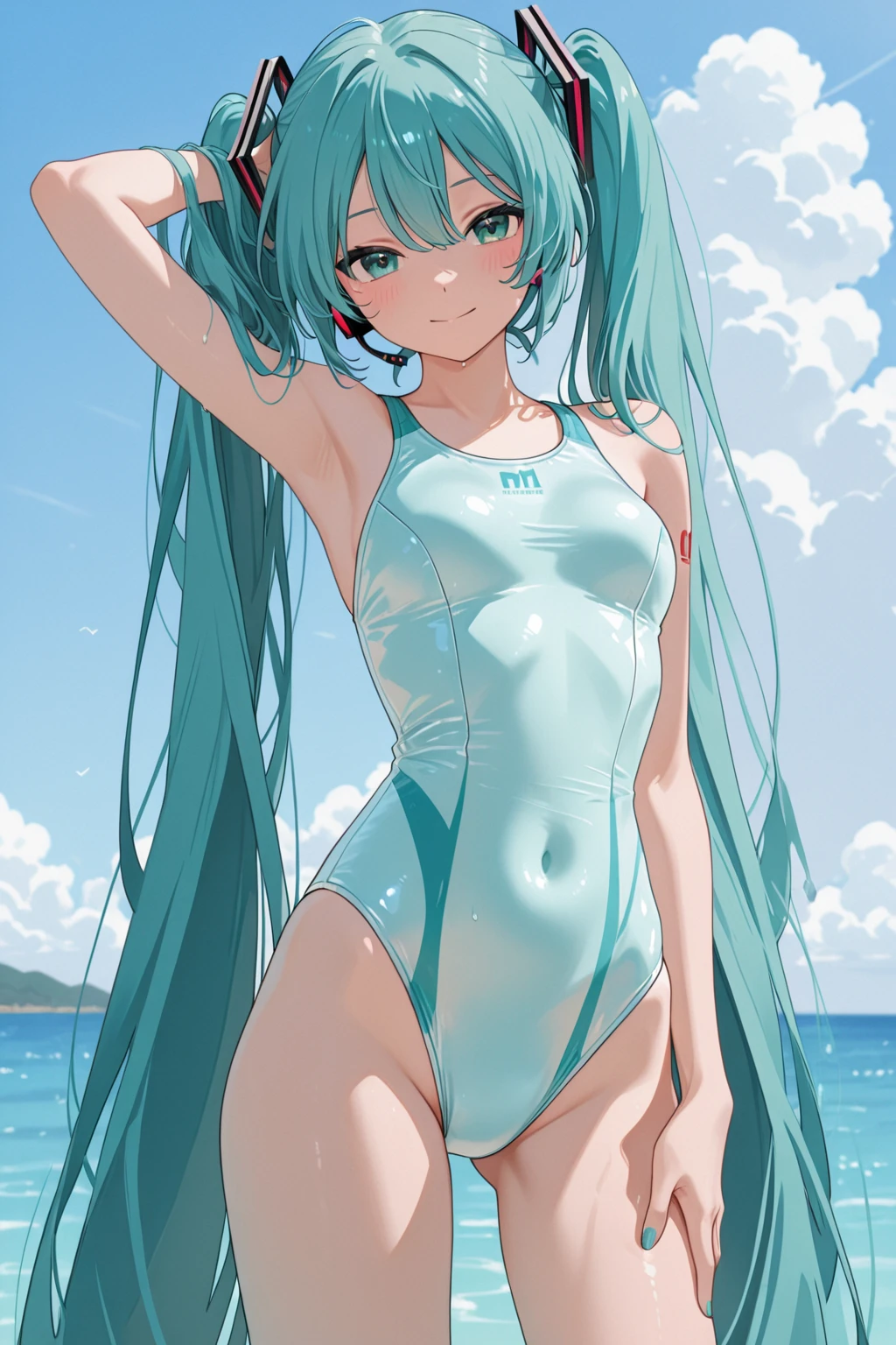 ((masterpiece、4K、8K、highest quality: 1.perfect fingers: 1.perfect anatomy: 1.3、background blur))、((ultra precision))、(12 years old、slender、lolita、super beautiful girl、straight long hair:1.6)、(Light blue and black Chinese one-piece swimsuit、barefoot:1.5)、、(Close one eye and smile:1.4)、(Are standing、wide shot、full body:1.5)、(blue sky、white sand beach:1.4)、