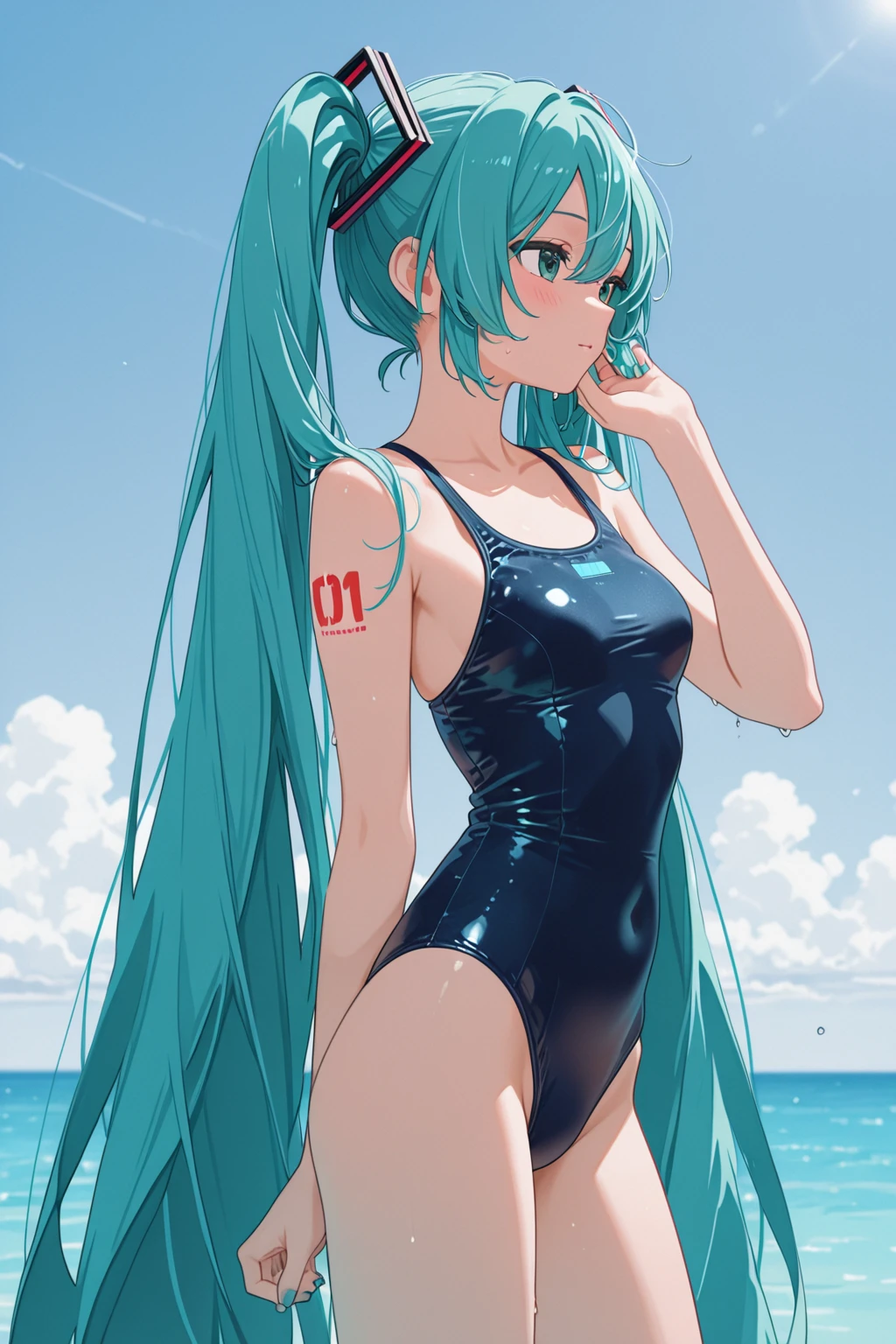 2d, masterpiece, best quality, anime, highly detailed eyes, detailed face, detailed background, full body, 1girl, solo, beach, standing, hatsune miku, blue hair, long hair, twintails, small breasts, blue eyes, smile, blush, white swimsuit, (see-through), nipples, pussy <lora:see-through swimsuit:1>
