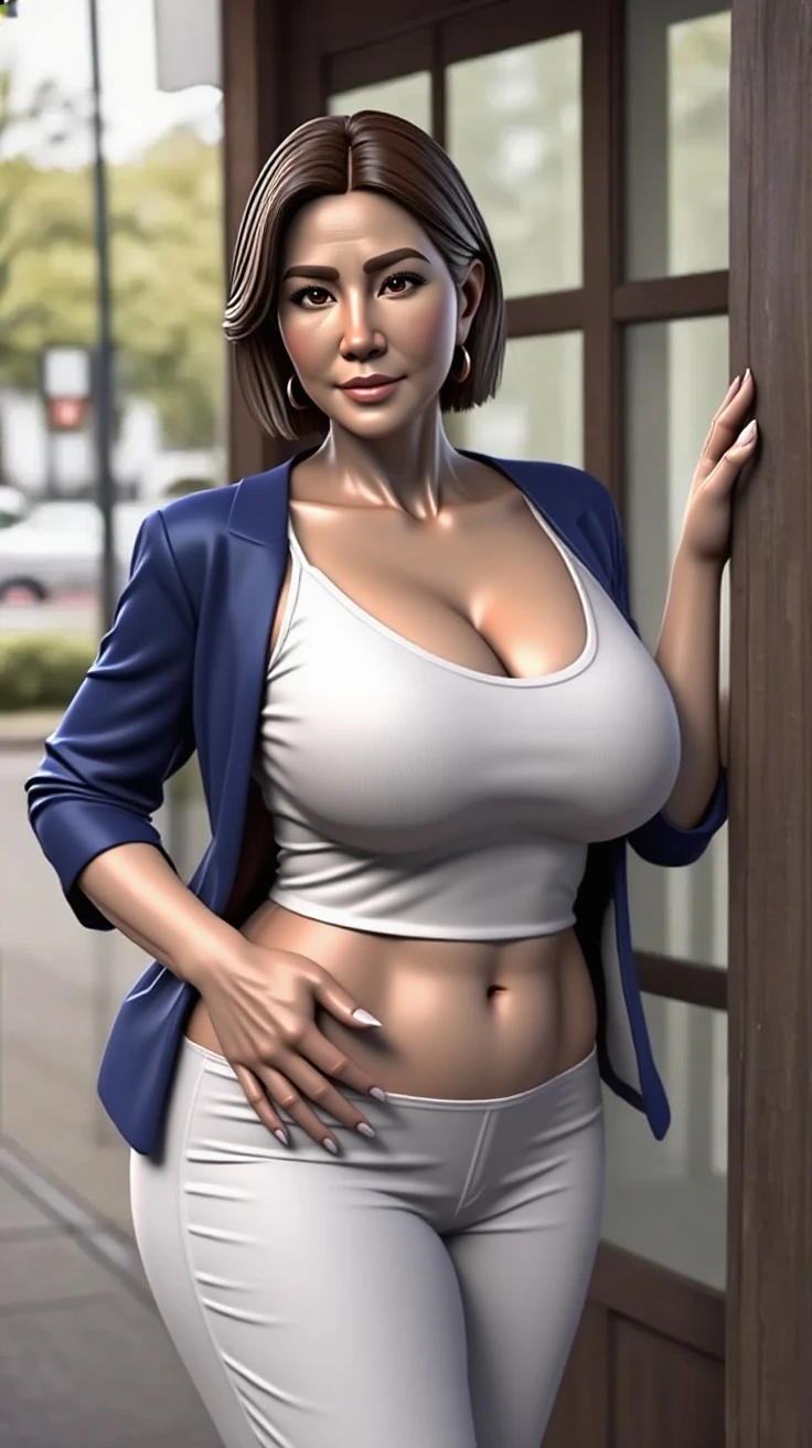 masterpiece,best quality,absurdres,photorealistic,mature female,sagging breasts,<lora:karen:0.6>,cleavage,brown_hair,hair_bun,jewelry,t-shirt,bottomless,