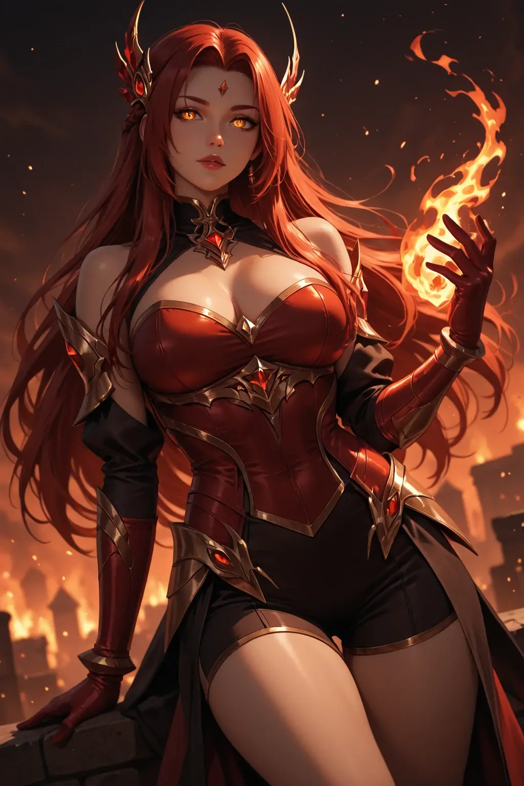 ((masterpiece,best quality,highest quality,realistic, inticrate detail)), 1 girl, red hair, horn, long hair, fire element, fire background, large breast,