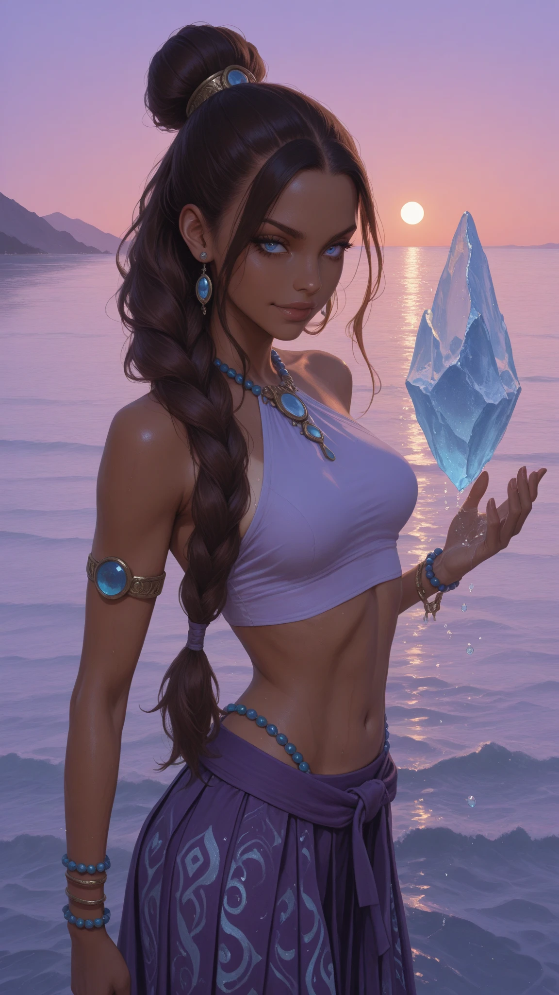 <lora:Aline_Koto512B1:0.5>, 1girl, xyzaline, 3d, cycles render, brown hair, bun, portrait, solo, half shot, looking at viewer, detailed background, detailed face, (tribal aztec theme:1.1), (glowing eyes:1.05), elemental water wizard, swirling water, whirlwind of water, fantasy hydromancer clothes, floating particles, focusing, ethereal glowing, water, drops of water, vapor, ocean in background, blue tones, cliffs, backlighting, ethereal atmosphere,