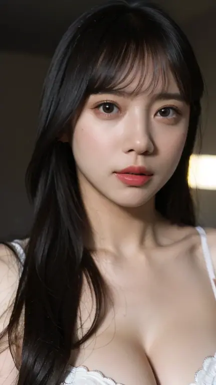 Masterpiece, best quailty, (extremely close-up:1.1), 20 years old, 8k, hd, beautiful girl, black-brown hair, very long hair, straight hair, closed mouth,1girl, detailed face, beautiful woman's face, pink sweater, plumpy, (natural big breast:0.6), casual background, cinematic light, photography.