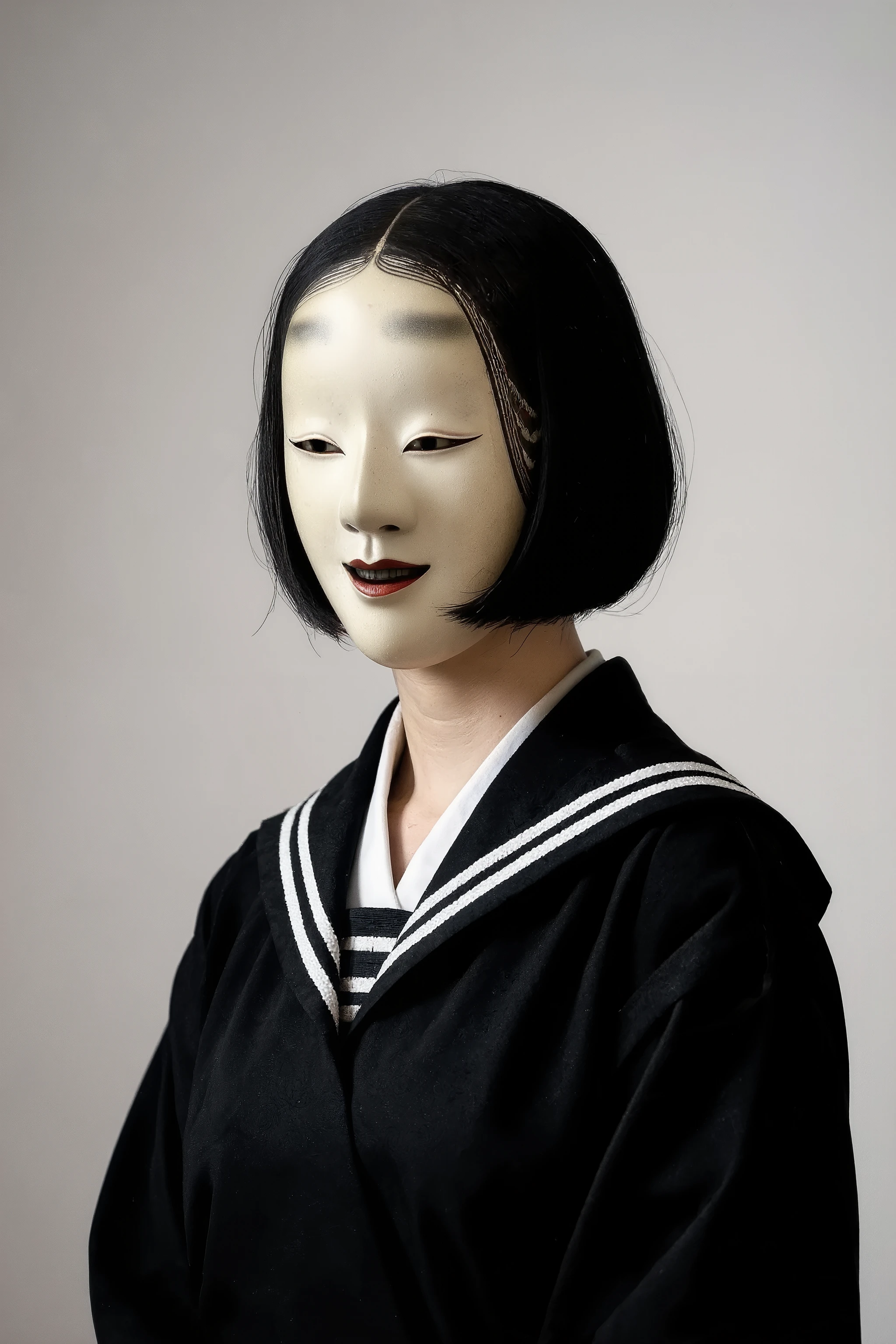 face forcus,dynamic angle,dynamic pose,1 girl、(wearing japanese black Sailor school uniform)、wearing beautiful noh mask、Bob Haircuts、show lighting、artist photoshoot,fashion portrait,nmw