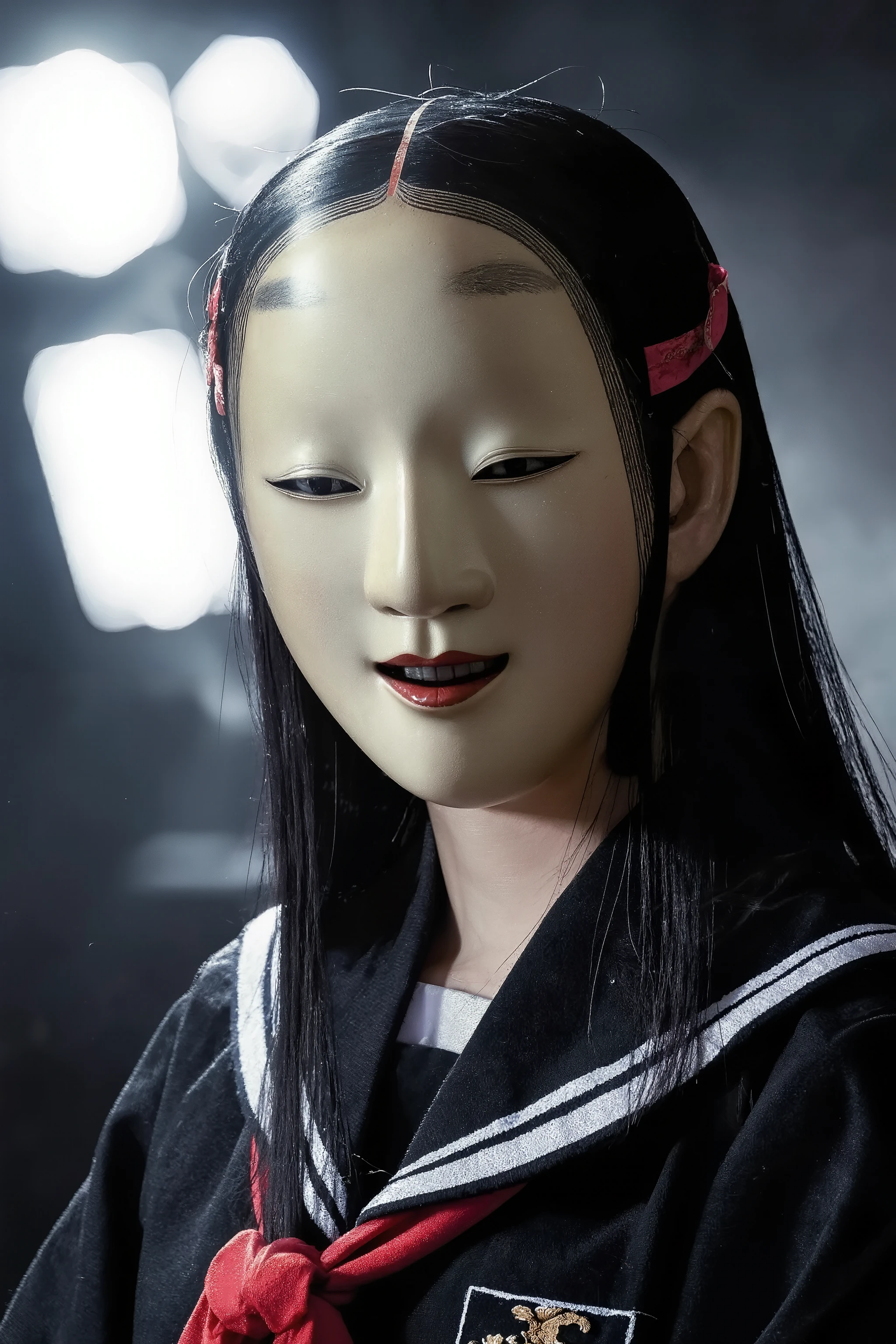 face forcus,dynamic angle,dynamic pose,1 girl、(wearing japanese black Sailor school uniform)、wearing noh mask、ストレートロングヘアー、姫カットヘアー、show lighting、artist photoshoot,fashion portrait,nmw