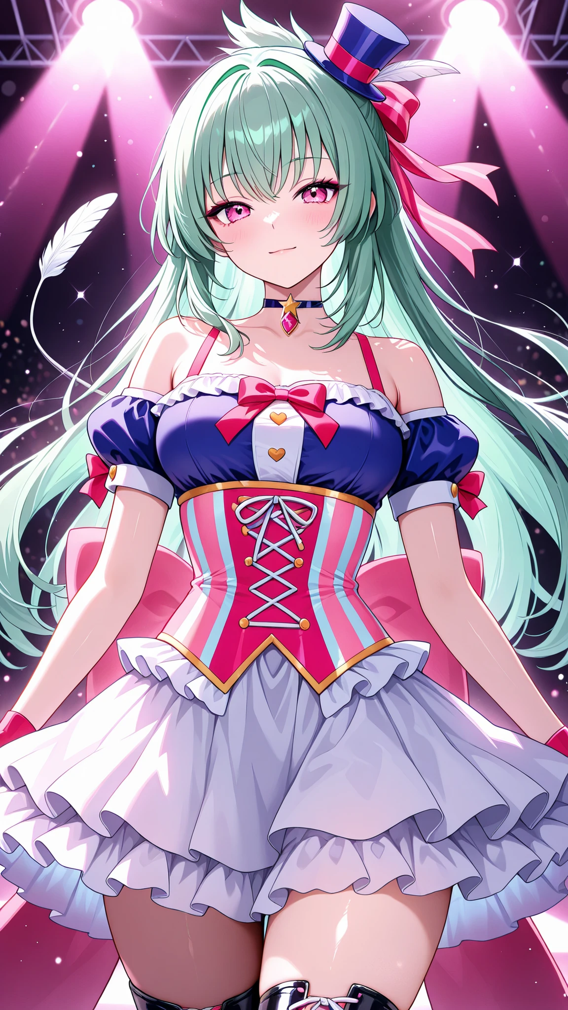 solo, kanzaki_saya, long hair, green hair, mature woman, Tight waist、Small waist、shiny Skin , (upper body), light smile, kawaii circus costume, beautiful anime girl, small silk top hat with ribbon and feather, candy stripe corset (pink & white) with heart frills, off-shoulder puff sleeves, 3-layer frilly tutu skirt with star sequins, ribbon tail on back, jewel choker, lace-up patent boots, vibrant pastel colors, studio lighting, ultra-detailed, masterpiece, illustration,