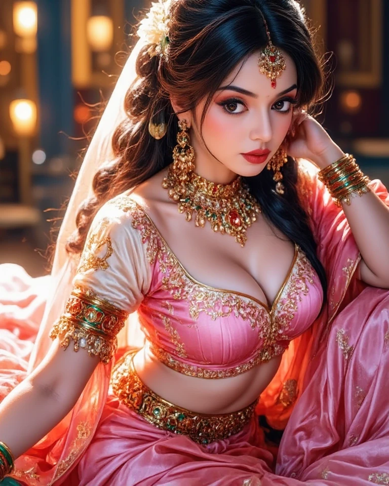 Sexy woman, black hair, single braid, fair skin, beautiful delicate eyes, small thin nose, pink lips, parted, bright smile, hair skin, bright pink blush, red lehenga, medium chest, cleavage, wide hips, hourglass body, bare abdomen