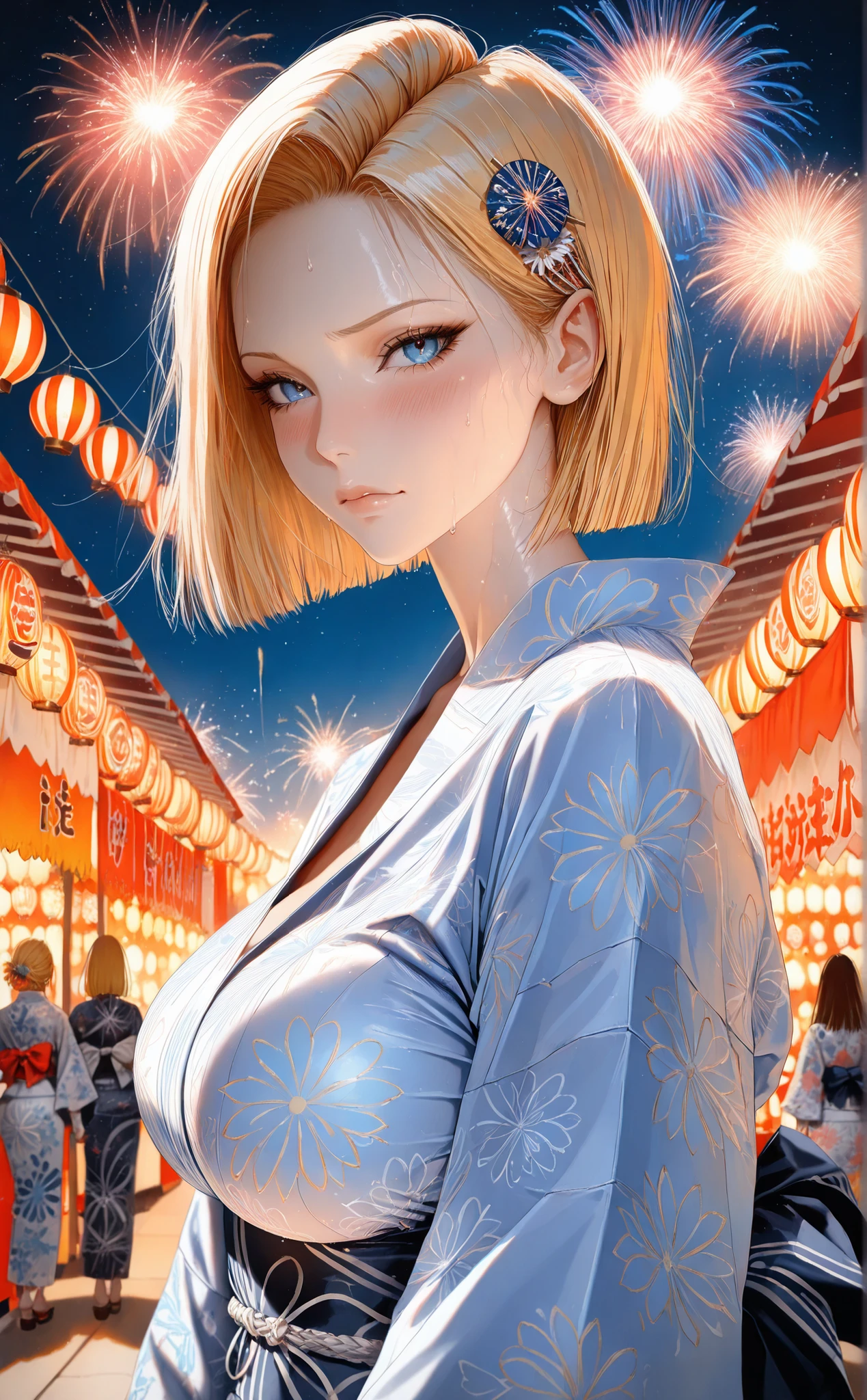 (masterpiece, detailed:1.2),maorix, Yukata, Lantern Festival, Night Sky, Fireworks, Cool Expression, Japanese Style Hair Ornament, traditional patterned yukata, Festival Stalls, contrast between light and shadow, glamorous atmosphere, Bustling at the Summer Festival、android 18、Android18、sweat、big boobs、sexy、embarrassed expression、Beautifully Designed Clothes