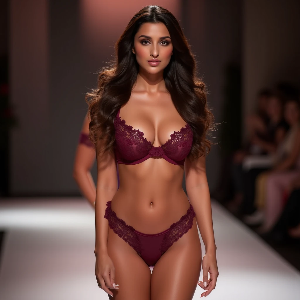 photography of a stunning girl, full upper body view, at a fashion show, wearing high class red exy underwear, symmetrical eyes, symmetrical face, photorealistic, photography, path tracing, specular lighting, volumetric face light, path traced hair, visible shadows, intricate, elaborate, hyper realistic