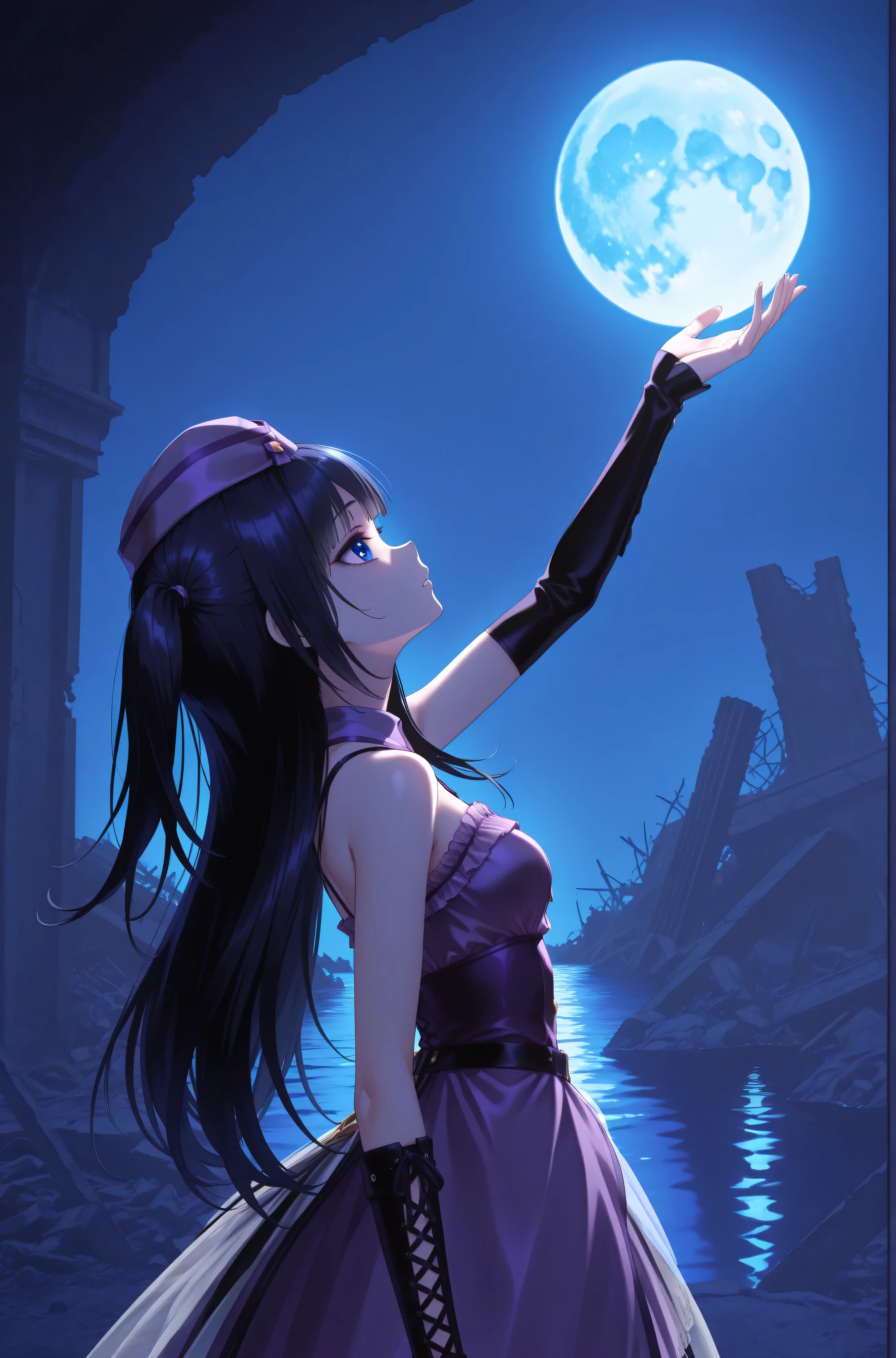 virtual youtuber, aoi_costume5, black hair, long hair, one side up, purple hat,black elbow cover,blue eyes,arm up,in night,blue moon,ruins in sea,lonely,from side,eye focus,
