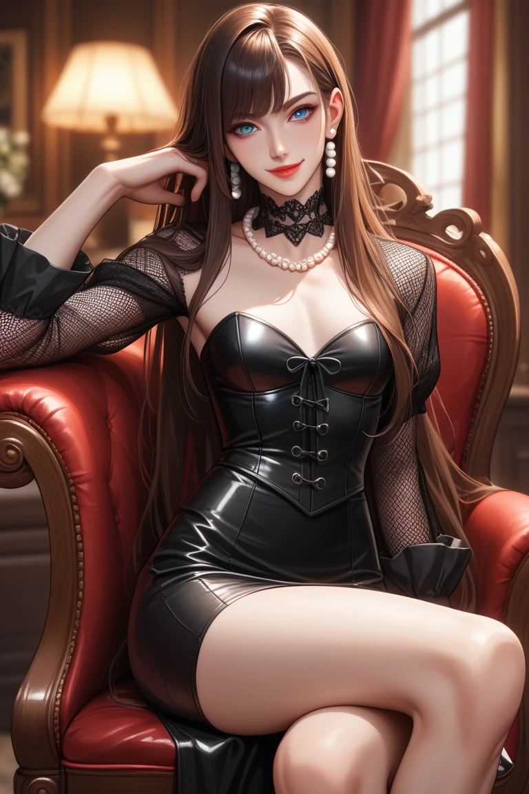(masterpiece:1.3),(best quality, highest quality),((Full Body Shot,Including face)),1girl,4K,masterpiece,((Focus on the face)),((Symmetrical facial features)),Beautiful woman,slender,Beautiful feet,((enamel,Gloss,Striped long skirt,High heels,Black Garters,Tockings)),Detailed depiction of the face(Hotel,Sit on the spiral staircase:1.5),corset,Panty shot